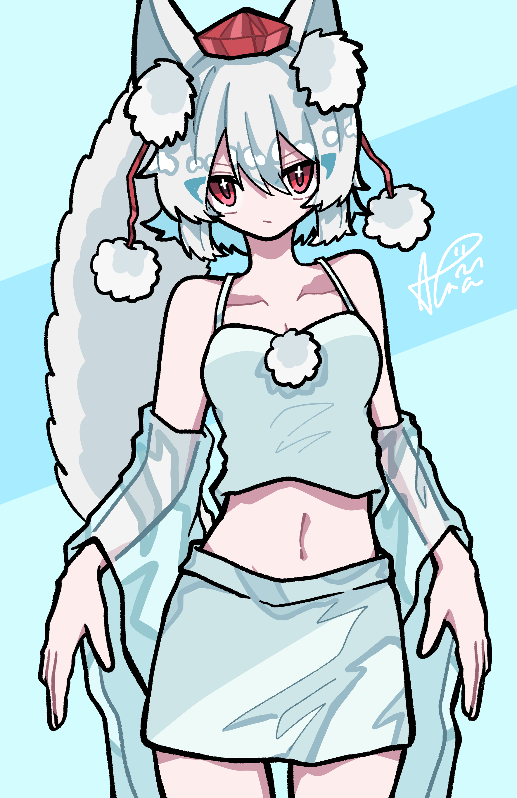 akuta neko, inubashiri momiji, touhou, absurdres, commentary request, highres, 1girl, :/, animal ear fluff, animal ears, breasts, closed mouth, collarbone, cowboy shot, crop top, detached sleeves, hat, large breasts, long sleeves, looking at viewer, medium hair, midriff, navel, pom pom (clothes), red eyes, red hat, see-through clothes, see-through sleeves, shirt, signature, skirt, solo, spaghetti strap, sparkling eyes, tail, tokin hat, v-shaped eyebrows, white hair, white shirt, white skirt, wide sleeves, wolf ears, wolf girl, wolf tail