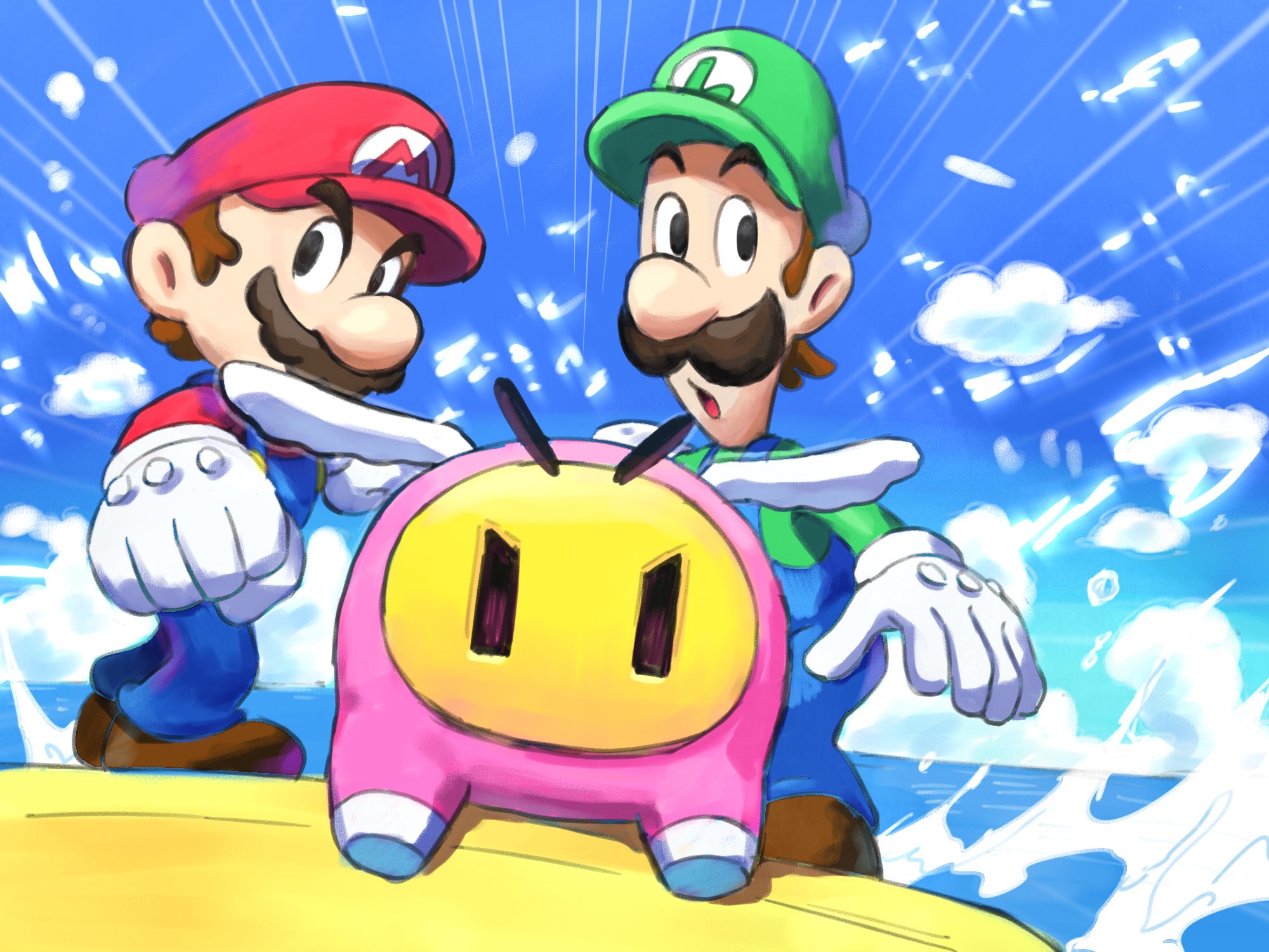 yamari (ya mari 6363), luigi, mario, snoutlet (mario), mario & luigi: brothership, mario & luigi rpg, mario (series), nintendo, highres, 3boys, black eyes, blue overalls, blue sky, boots, brothers, brown boots, brown facial hair, brown hair, day, eyebrows visible through hat, facial hair, gloves, green hat, green shirt, hat, long sleeves, looking to the side, male focus, multiple boys, mustache, newsboy cap, ocean, outdoors, overalls, red hat, red shirt, shirt, short hair, siblings, sky, white gloves, wings