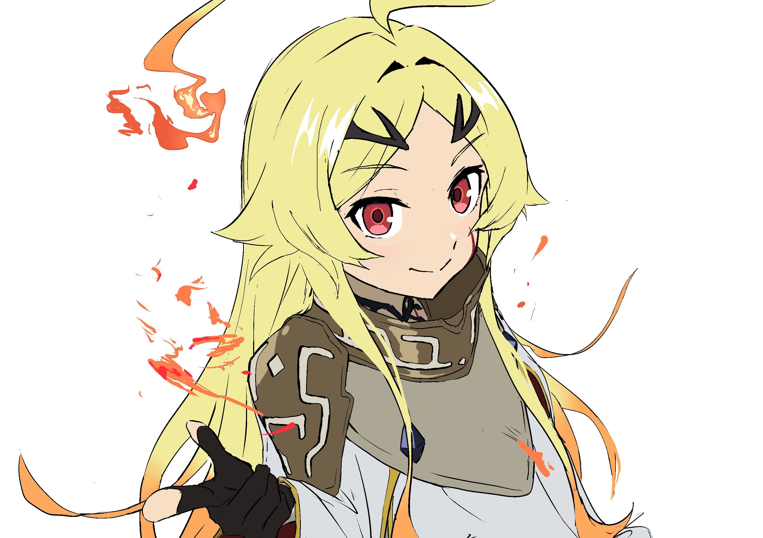 teoritta, yuushakei ni shosu, highres, 1girl, ahoge, black gloves, blonde hair, cloak, fiery hair, finger gun, fingerless gloves, fire, gloves, gradient hair, hair intakes, huge ahoge, looking at viewer, multicolored hair, orange hair, pointing, pontan8, red eyes, shoulder pads, simple background, smile, solo, standing, two-tone hair, upper body, white background, white cloak, wide sleeves