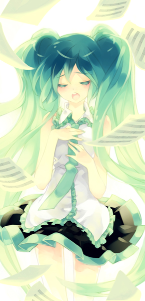 hajida, hatsune miku, vocaloid, 1girl, aqua hair, closed eyes, female focus, long hair, music, necktie, open mouth, sheet music, singing, skirt, solo, twintails, very long hair