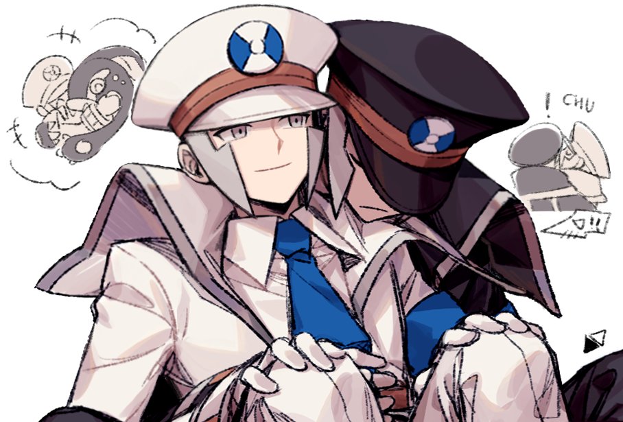 seku 000, eelektross, emmet (pokemon), ingo (pokemon), nintendo, pokemon, pokemon bw, commentary request, korean commentary, !, +++, 2boys, black coat, black hat, blue necktie, brothers, closed eyes, closed mouth, coat, collared shirt, gen 5 pokemon, gloves, grey eyes, grey hair, hands on own knees, hat, male focus, multiple boys, necktie, pants, peaked cap, shirt, short hair, siblings, smile, twins, white coat, white gloves, white hat, white pants, white shirt