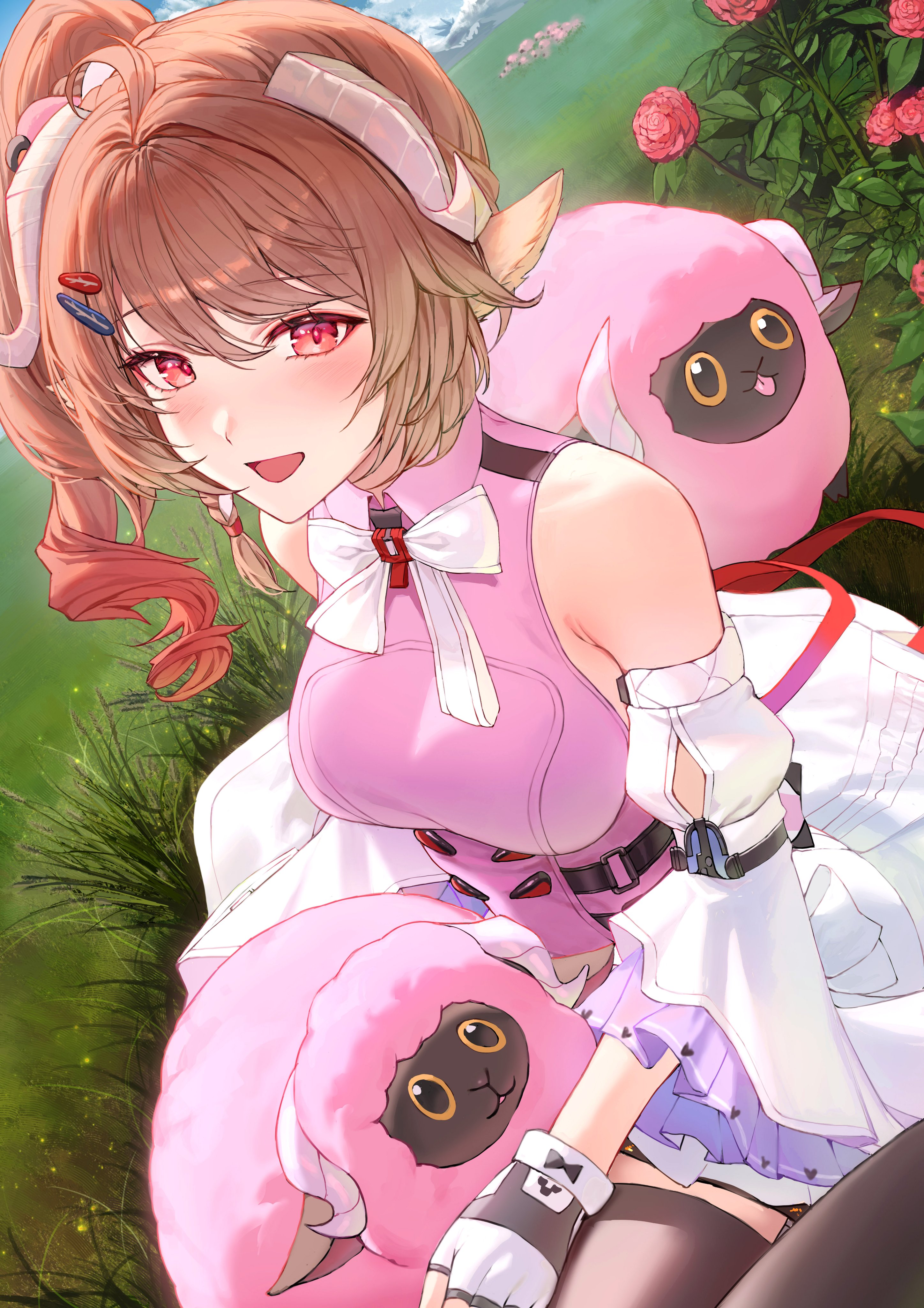 molyb, ardelia (arknights), arknights, arknights: endfield, absurdres, commentary, english commentary, highres, 1girl, animal ears, bare shoulders, black gloves, bow, bowtie, breasts, brown hair, collared shirt, detached sleeves, flower, gloves, grass, horns, long hair, looking at viewer, medium breasts, multicolored gloves, open mouth, pink eyes, pink flower, pink shirt, ponytail, sheep, sheep ears, sheep girl, sheep horns, shirt, skirt, sleeveless, sleeveless shirt, smile, solo, two-tone gloves, white bow, white bowtie, white gloves, white skirt, white sleeves