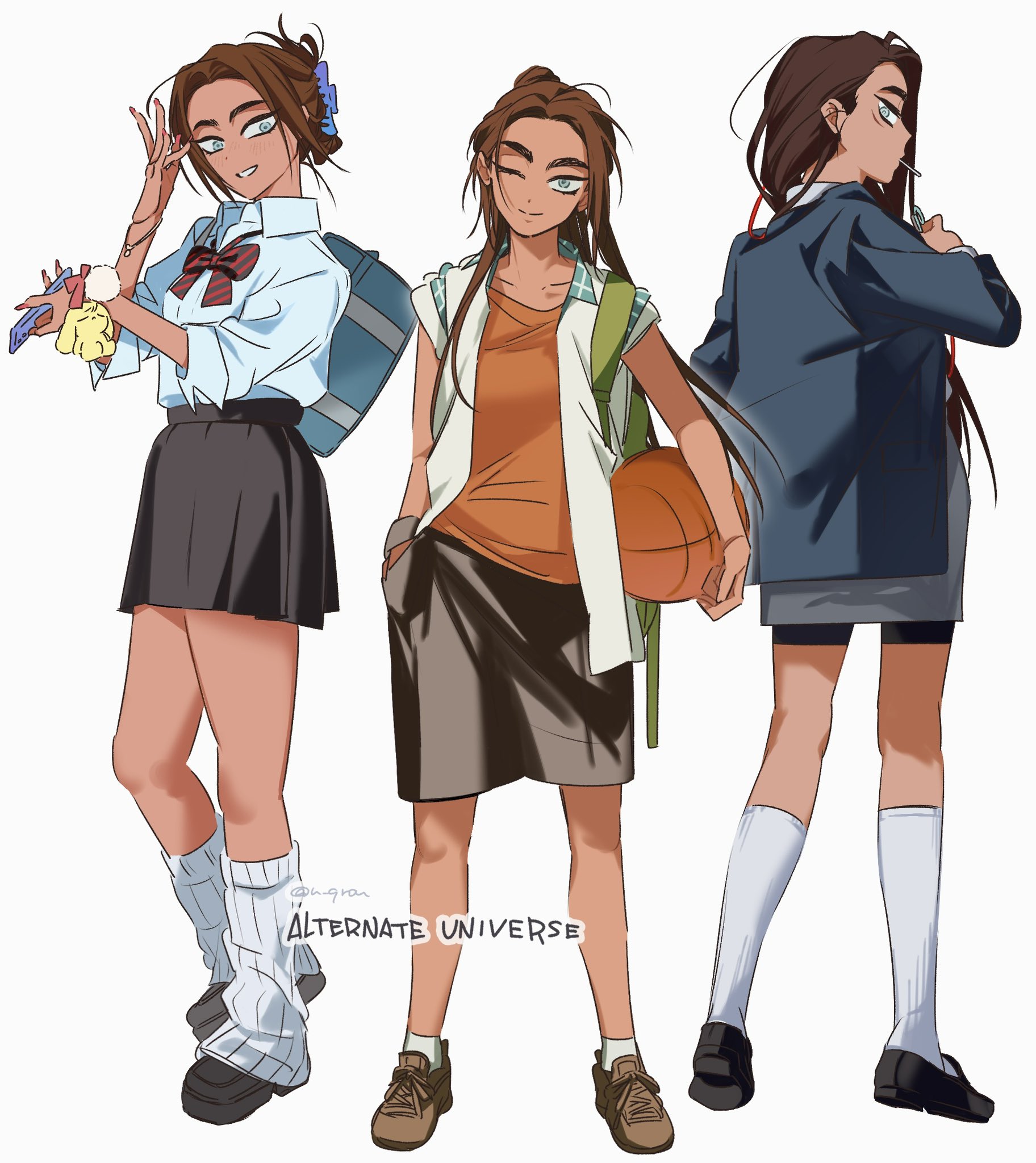 u qrou, hyuna (alien stage), alien stage, highres, 1girl, ball, basketball (object), black jacket, black shoes, black shorts, black skirt, blazer, bow, bowtie, brown hair, brown shoes, claw hair clip, diagonal-striped bow, diagonal-striped bowtie, diagonal-striped clothes, grey eyes, hair ornament, hairclip, holding, holding ball, jacket, kneehighs, leg warmers, long hair, multiple views, one eye closed, open clothes, open shirt, orange shirt, school uniform, shirt, shoes, shorts, skirt, sleeves rolled up, smile, socks, striped bow, striped bowtie, striped clothes, white leg warmers, white shirt