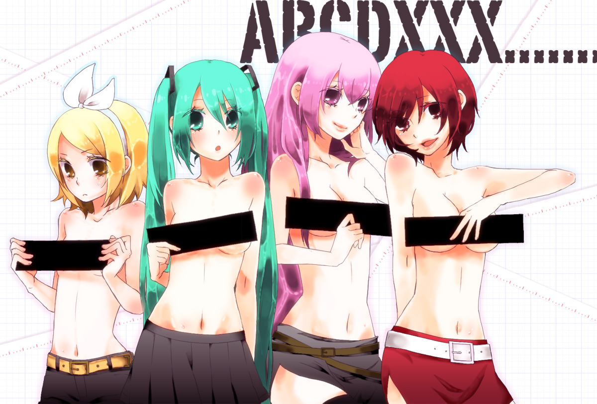 coffeegiuniu, hatsune miku, kagamine rin, megurine luka, meiko (vocaloid), vocaloid, 00s, 4girls, aqua eyes, aqua hair, breasts, bust chart, chart, covering breasts, covering privates, groin, hair ribbon, lineup, long hair, multiple girls, pink hair, purple eyes, red eyes, red hair, ribbon, short hair, skirt, smile, thighhighs, topless female, twintails, very long hair, yellow eyes