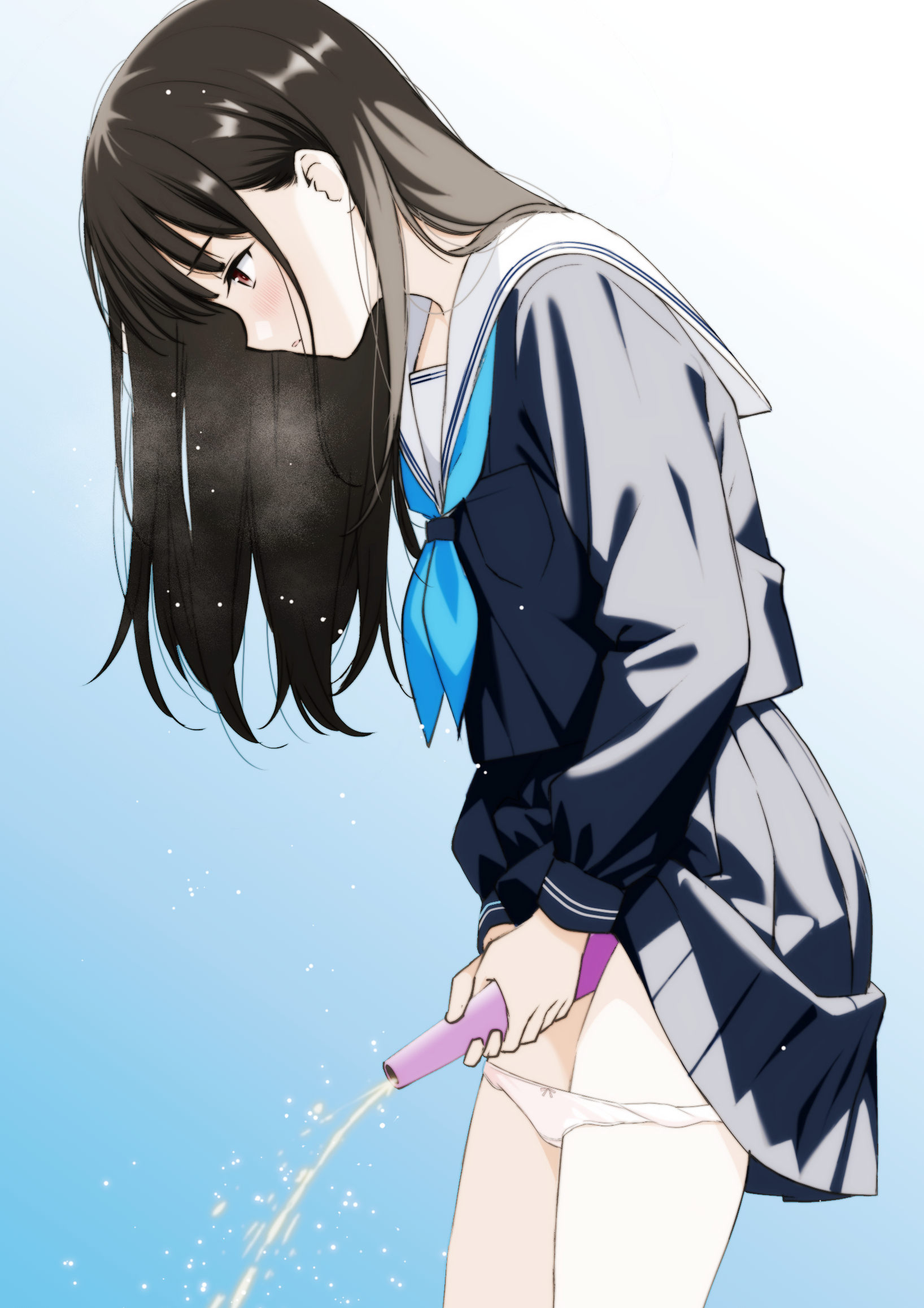 secret dmain, original, commentary request, highres, 1girl, black serafuku, black shirt, black skirt, blue background, blue neckerchief, bow, bow panties, breath, brown hair, clothes lift, cowboy shot, crotch seam, from side, gradient background, long hair, looking down, neckerchief, panties, panty pull, parted lips, pee, peeing, pleated skirt, profile, sailor collar, school uniform, serafuku, shirt, skirt, skirt lift, solo, standing, steam, straight hair, underwear, white panties, white sailor collar