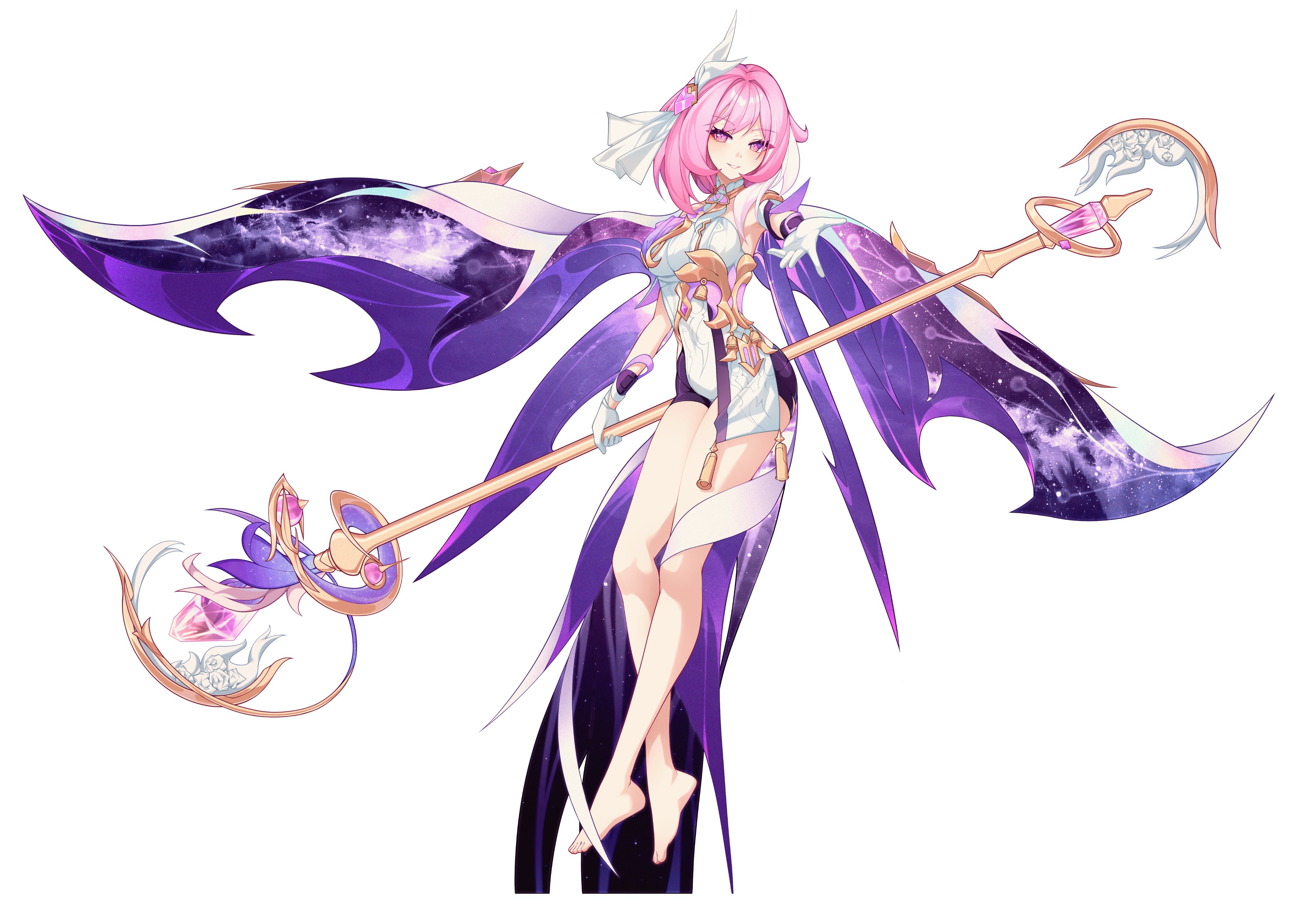 elysia (herrscher of human: ego) (honkai impact), elysia (honkai impact), honkai (series), honkai impact 3rd, absurdres, hashtag-only commentary, highres, 1girl, bare legs, barefoot, black shorts, breasts, corset, diamond-shaped pupils, diamond (shape), feet, gloves, hair ornament, holding, holding staff, jfifwebp, legs, looking at viewer, medium breasts, multicolored hair, pink hair, purple eyes, reaching, reaching towards viewer, short hair, short shorts, shorts, simple background, smile, solo, staff, symbol-shaped pupils, toes, two-tone hair, white background, white corset, white gloves, white hair