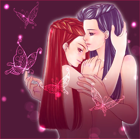 dahlia hawthorne, iris (ace attorney), ace attorney, capcom, lowres, 2girls, black eyes, blue hair, brown hair, bug, butterfly, multiple girls, nude, siblings, sisters, twins