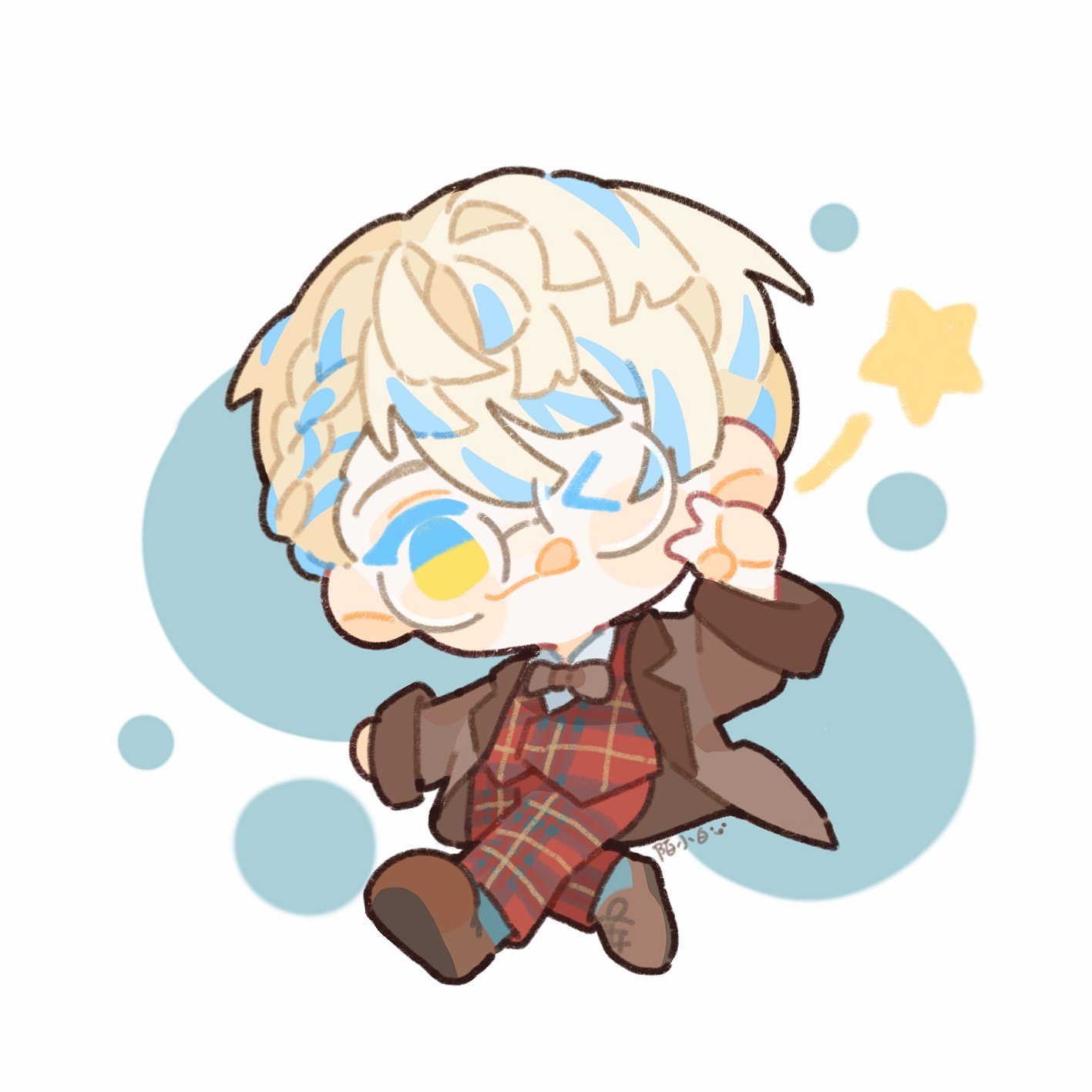 shuxingbuming moxiaobai, hibachi mana, hibachi mana (2nd costume), nijisanji, commentary request, hashtag-only commentary, highres, > o, 1boy, ;p, artist name, bespectacled, blonde hair, blue hair, bow, bowtie, brown bow, brown bowtie, brown jacket, brown shoes, chibi, collared shirt, colored tips, formal clothes, glasses, jacket, looking at viewer, male focus, multicolored hair, one eye closed, plaid suit, red suit, shirt, shoes, simple background, solo, star (symbol), suit, tongue, tongue out, virtual youtuber, white background, white shirt