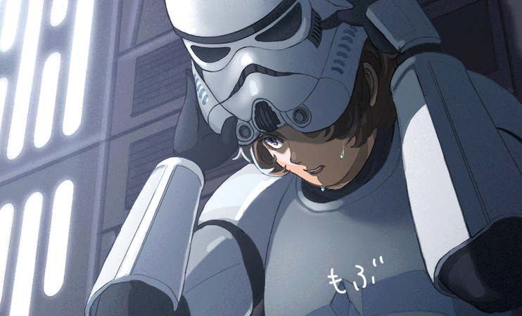 mosuke 2, stormtrooper, star wars, commentary request, 1boy, black gloves, brown eyes, brown hair, gloves, glowing, helmet, looking to the side, male focus, open mouth, portrait, removing helmet, solo, sweat
