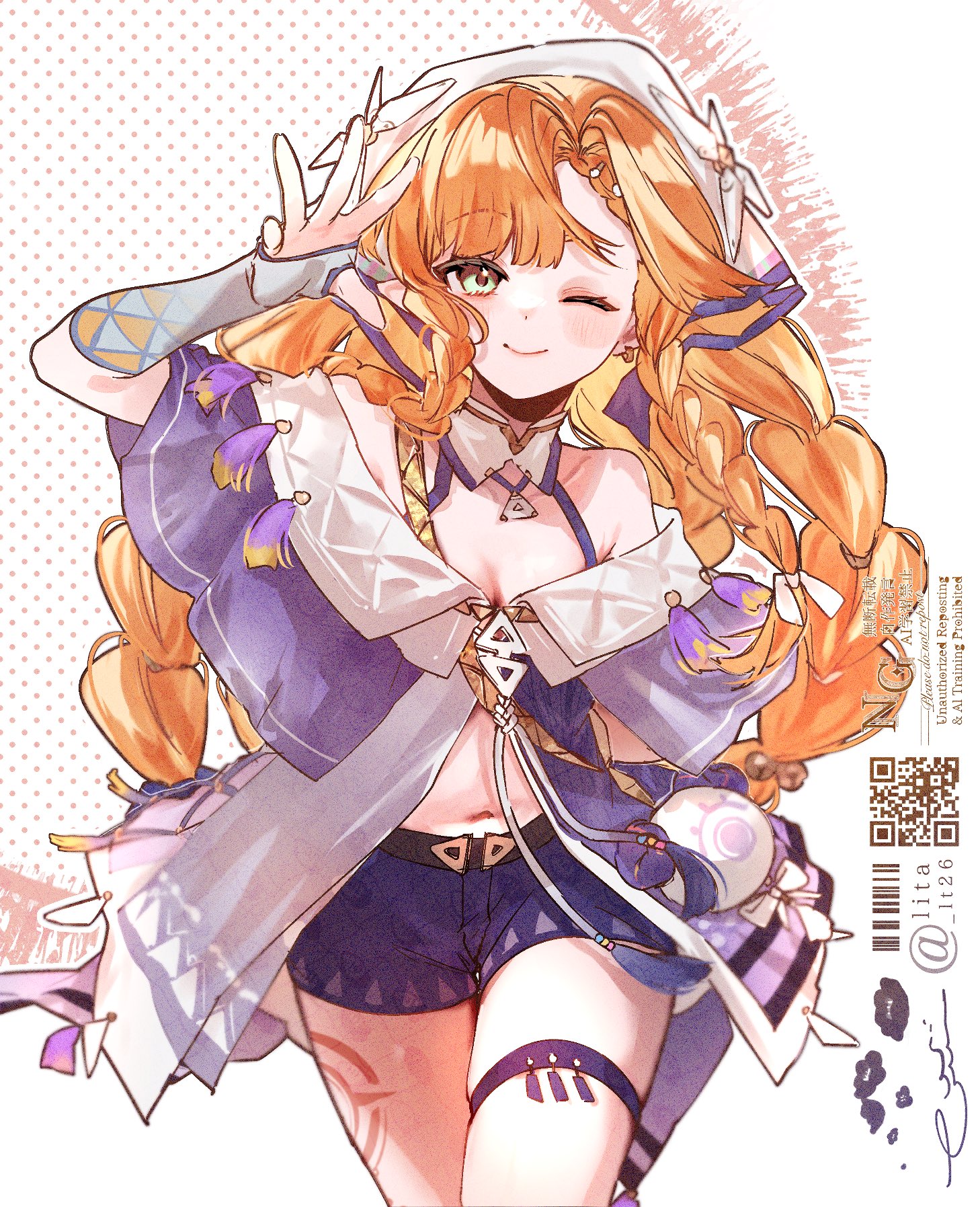 lt26, sigrika (wuthering waves), wuthering waves, commentary request, highres, arm up, bare shoulders, breasts, closed mouth, jacket, long hair, multicolored jacket, navel, off-shoulder jacket, off shoulder, one eye closed, purple jacket, purple shorts, shorts, small breasts, smile, stomach, two-tone jacket, veil, waving, white jacket, white veil