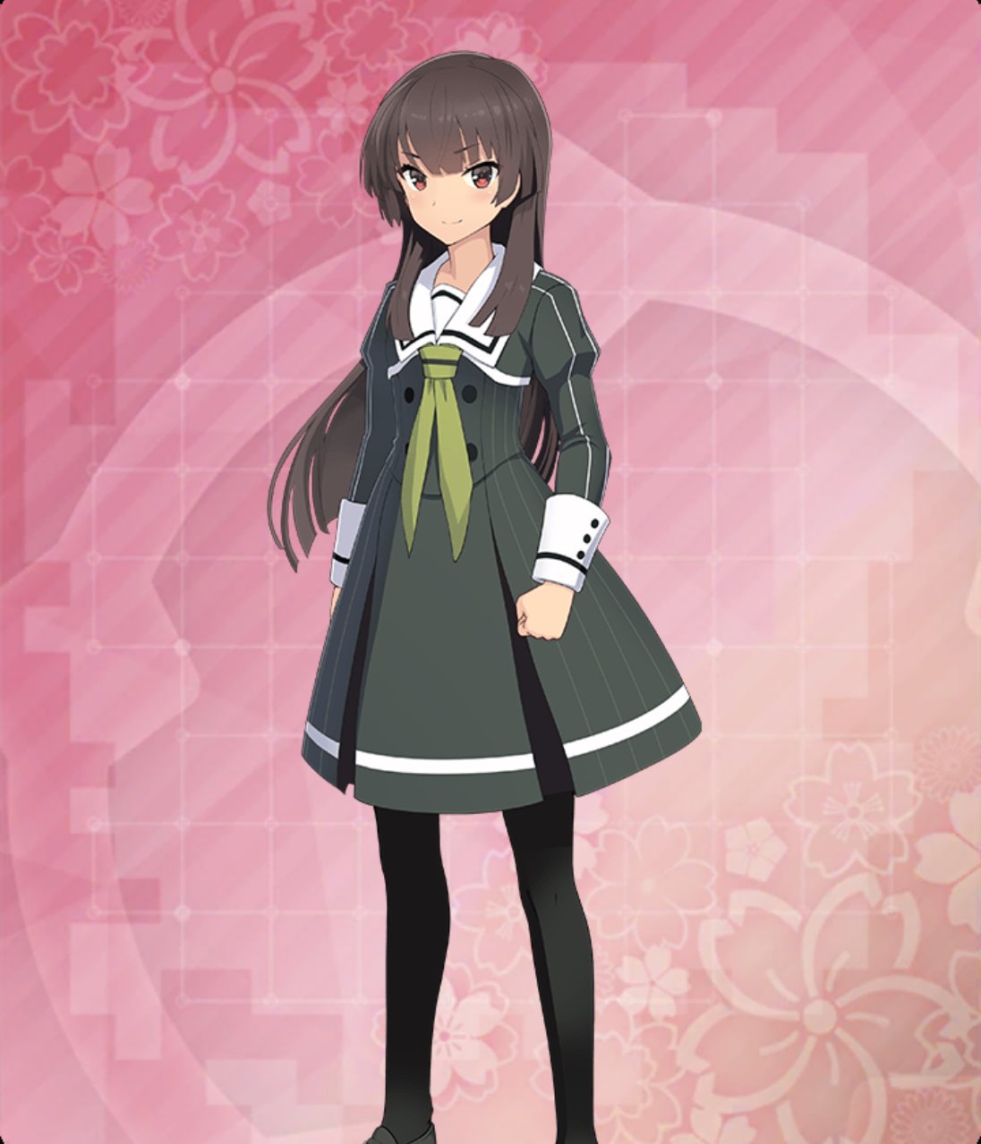 juujou hiyori, toji no miko, toji no miko: kizamishi issen no tomoshibi, commentary request, game cg, highres, official art, resized, third-party source, upscaled, variant set, 1girl, black pantyhose, blunt ends, brown hair, brown shoes, buttons, clenched hand, closed mouth, dot nose, double-breasted, dress, feet out of frame, floral background, green dress, green neckerchief, heijou institute school uniform, long hair, long sleeves, looking at viewer, neckerchief, pantyhose, pink background, pinstripe dress, pinstripe pattern, red eyes, sailor collar, school uniform, shoes, sidelocks, smile, solo, striped clothes, striped dress, vertical-striped clothes, vertical-striped dress, white sailor collar