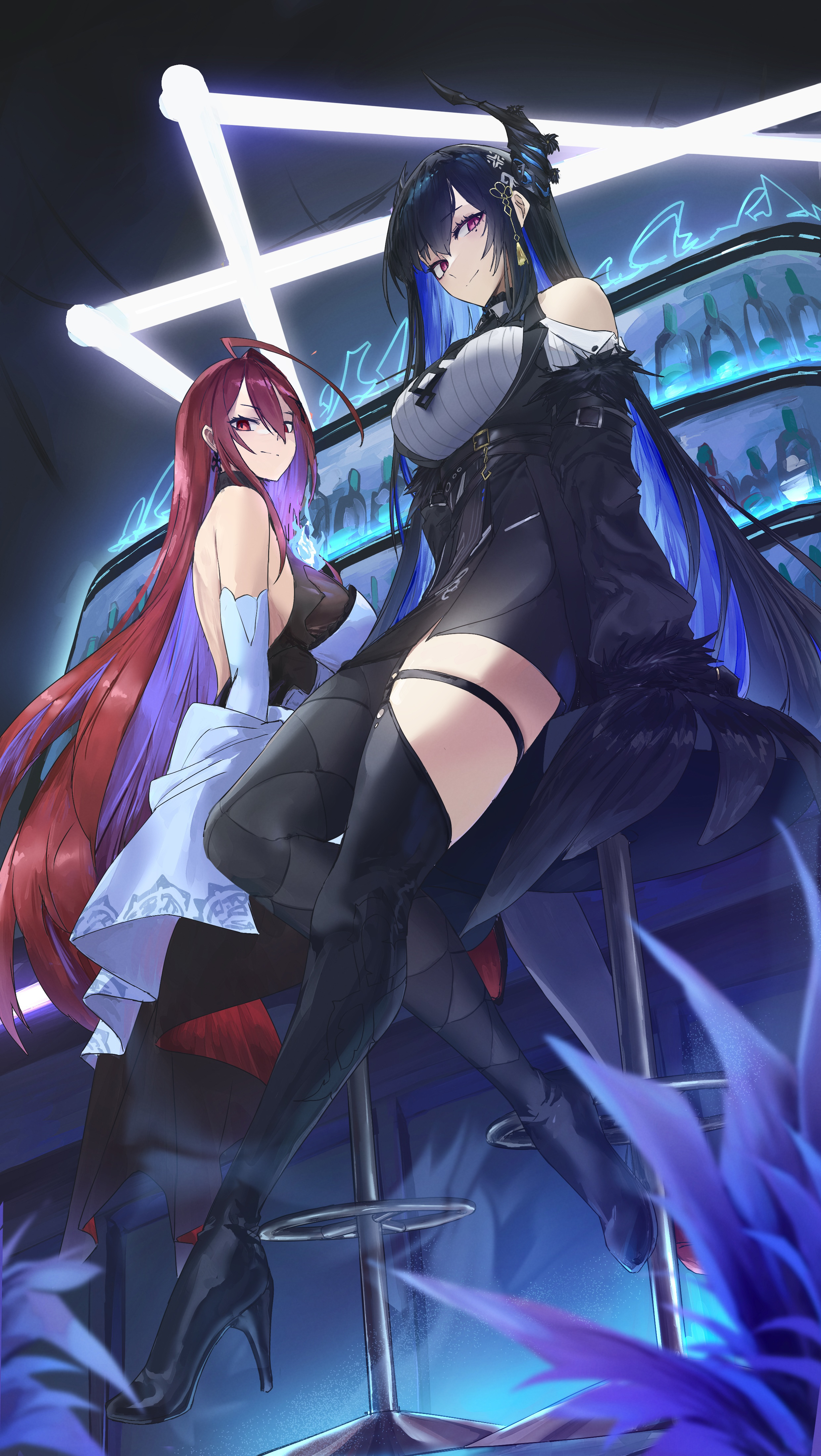 elizabeth rose bloodflame, elizabeth rose bloodflame (1st costume), nerissa ravencroft, nerissa ravencroft (1st costume), hololive, hololive english, absurdres, commentary, highres, 2girls, asymmetrical horns, backless dress, backless outfit, bar (place), bare shoulders, black boots, black hair, black horns, blue fire, blue hair, blush, boots, breasts, demon horns, dress, earrings, fire, full body, halter dress, halterneck, high heel boots, high heels, horns, indoors, jewelry, kai (kkai811), large breasts, long hair, mole, mole under eye, multicolored hair, multiple girls, nightclub, purple eyes, red eyes, red hair, shirt, two-tone hair, uneven horns, virtual youtuber, white dress, white shirt