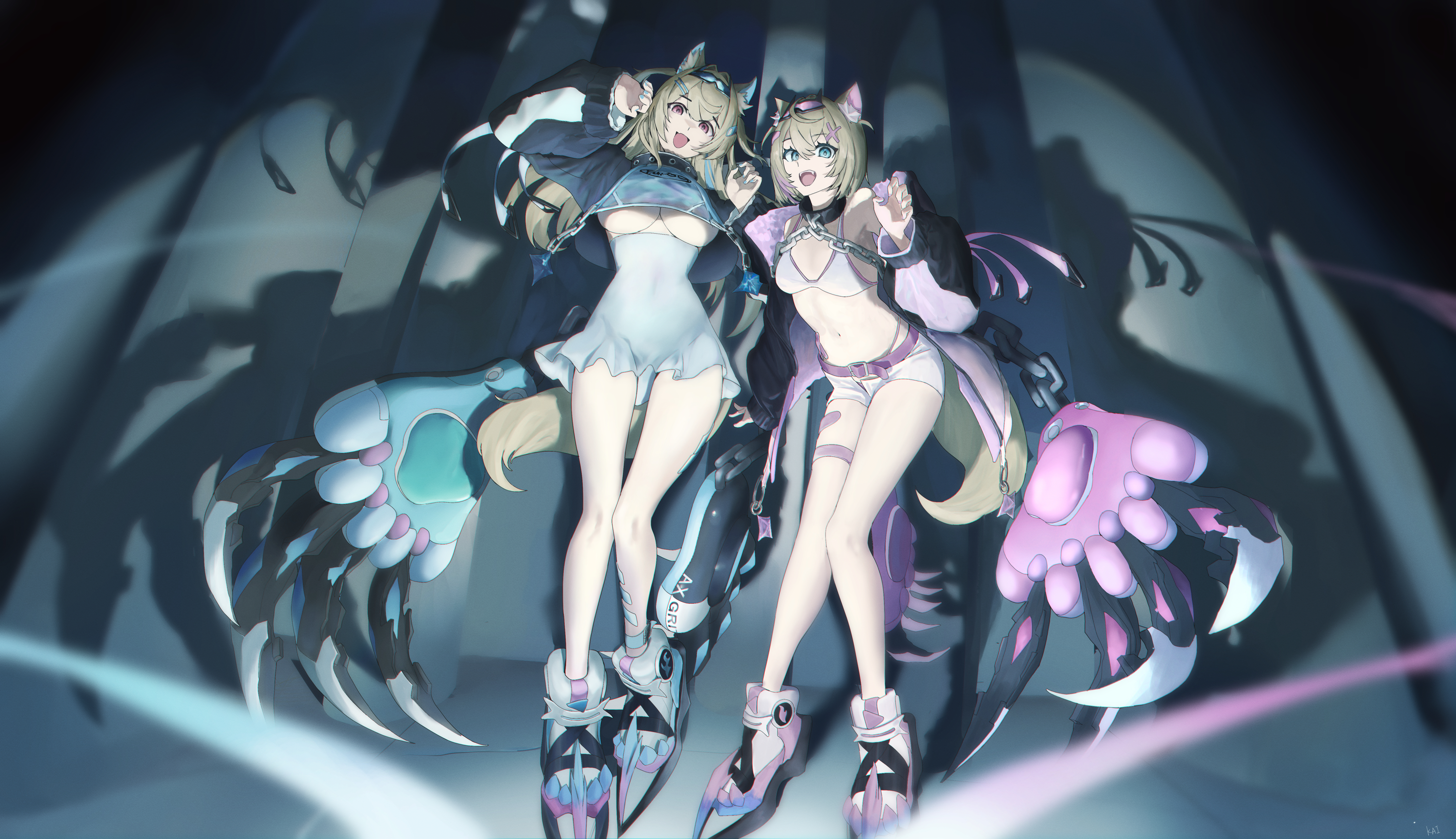 fuwawa abyssgard, mococo abyssgard, hololive, hololive english, absurdres, commentary, highres, official art, 2girls, animal ears, bandaid, bandaid hair ornament, bandaid on thigh, belt, bikini, bikini bottom under shorts, bikini under clothes, black collar, black jacket, blonde hair, blue eyes, blue hairband, blue streaks, breasts, chain, claw pose, collar, colored skin, cropped jacket, cropped shirt, crossed bangs, dog ears, dog girl, dog tail, double-parted bangs, fake horns, full body, hair between eyes, hair intakes, hair ornament, hairband, hairclip, hands up, horn hairband, horns, jacket, kai (kkai811), large breasts, long hair, looking at viewer, miniskirt, multicolored hair, multiple girls, navel, open fly, parallel hairclips, pink belt, pink eyes, pink hairband, pink streaks, shoes, short hair, short shorts, shorts, siblings, single thighhigh, sisters, skirt, small breasts, sneakers, stomach, streaked hair, string bikini, swimsuit, tail, thighhighs, two side up, underboob, virtual youtuber, white bikini, white shoes, white shorts, white skin, white skirt, x hair ornament