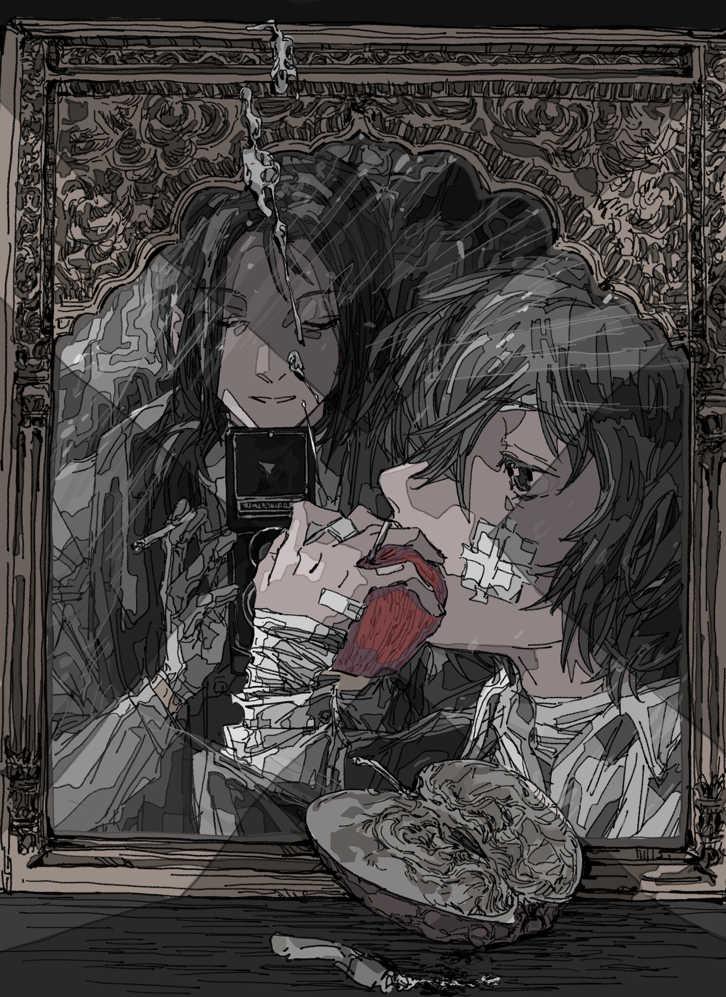 ateveryone, dazai osamu (bungou stray dogs), mori ougai (bungou stray dogs), bungou stray dogs, absurdres, chinese commentary, commentary request, highres, 2boys, apple, apple slice, bandaged arm, bandaged neck, bandages, between fingers, black eyes, black hair, camera, cigarette, closed eyes, coat, collared shirt, covered mouth, expressionless, facing viewer, food, fruit, gauze, gauze on cheek, gloves, grey coat, grey gloves, hair between eyes, hair over shoulder, hand up, holding, holding camera, holding cigarette, holding food, holding fruit, long sleeves, looking ahead, low ponytail, male focus, medium hair, mirror, multiple boys, parted lips, ponytail, portrait, reflection, reflection focus, shirt, short hair, smile, stole, table, twin-lens reflex camera, upper body, white shirt, wooden table