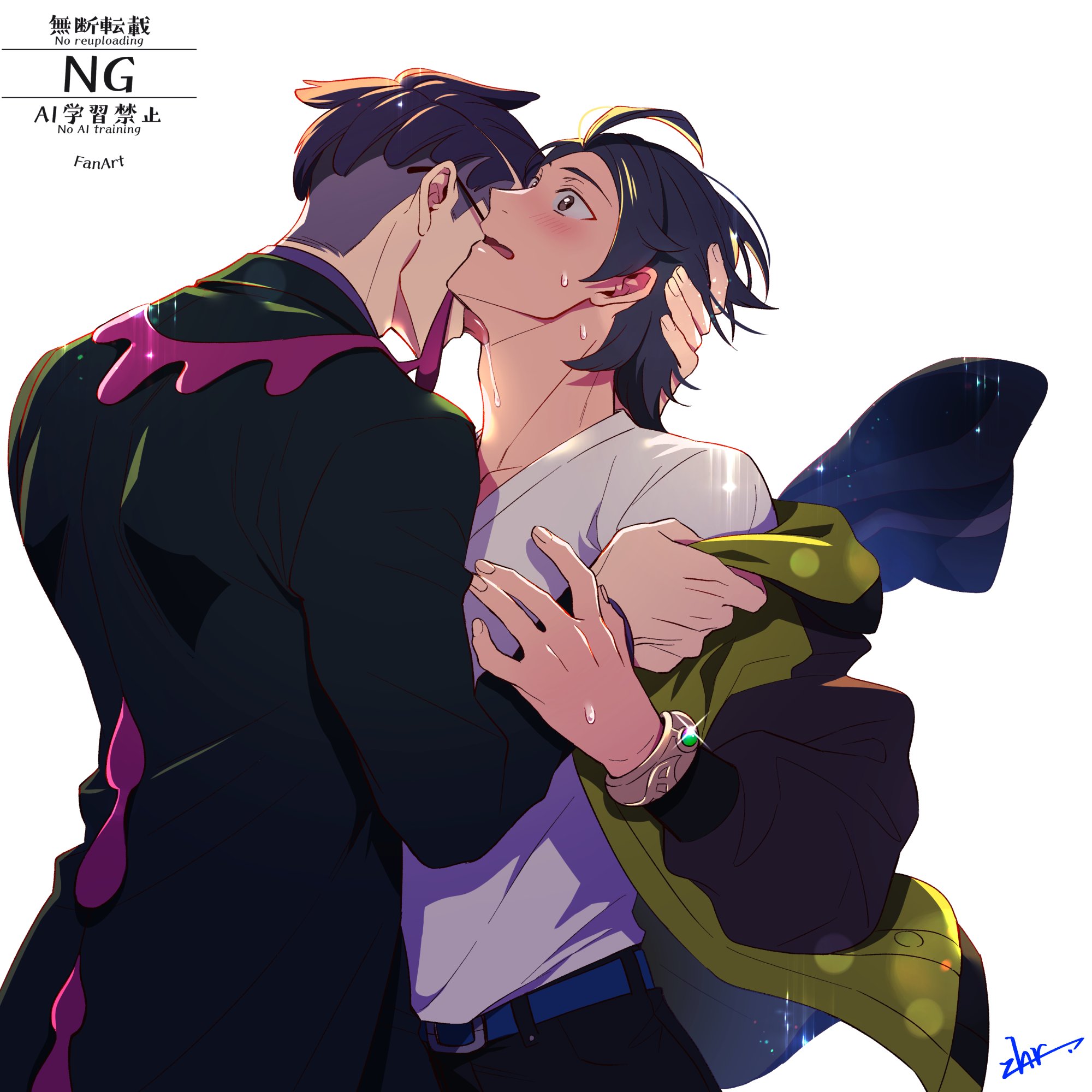 zhr 000g, corbeau (pokemon), paxton (pokemon), nintendo, pokemon, pokemon legends: z-a, commentary request, highres, 2boys, adam's apple, belt, belt buckle, black coat, black hair, black pants, blue belt, blush, bracelet, buckle, coat, cowboy shot, crew neck, glasses, green jacket, hand on another's head, jacket, jacket partially removed, jewelry, long sleeves, male focus, multiple boys, open mouth, pants, parted hair, purple hair, shirt, short hair, signature, simple background, t-shirt, tassel, watermark, white background, white shirt, yaoi