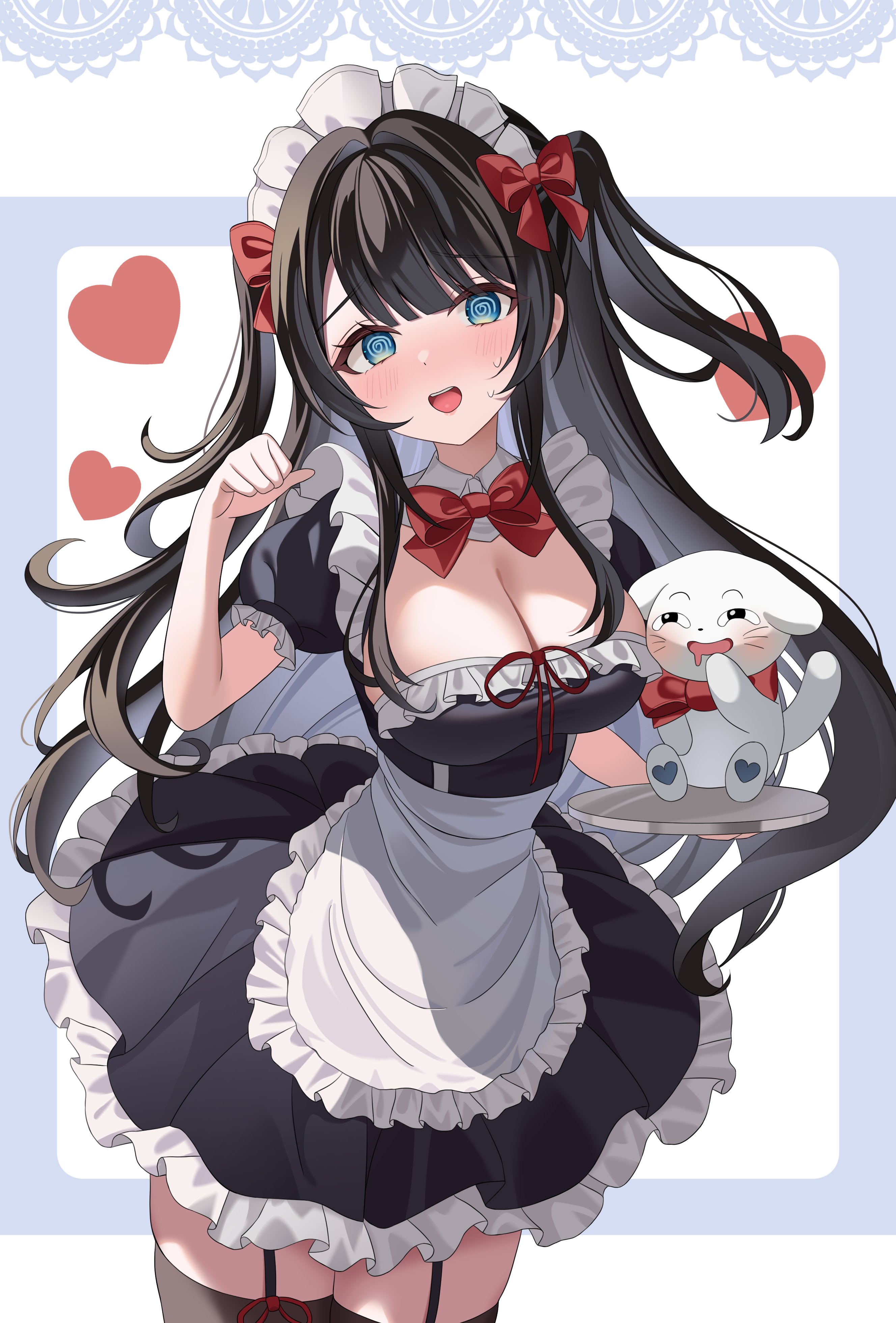 hanabi (minjo 0220), shirayuki hina, stellive, absurdres, commentary, highres, symbol-only commentary, 1girl, @ @, apron, black dress, black garter straps, black hair, blue eyes, bow, bowtie, breasts, cleavage, cleavage cutout, clothing cutout, cowboy shot, creature, dress, drooling, frilled dress, frills, garter straps, haedungi (shirayuki hina), hair bow, hair intakes, hand up, holding, holding tray, large breasts, long hair, maid, maid headdress, mouth drool, nervous sweating, open mouth, parted bangs, raised inner eyebrows, red bow, red bowtie, short dress, solo, standing, sweat, thighhighs, tray, two side up, very long hair, virtual youtuber, waist apron, white apron, zettai ryouiki