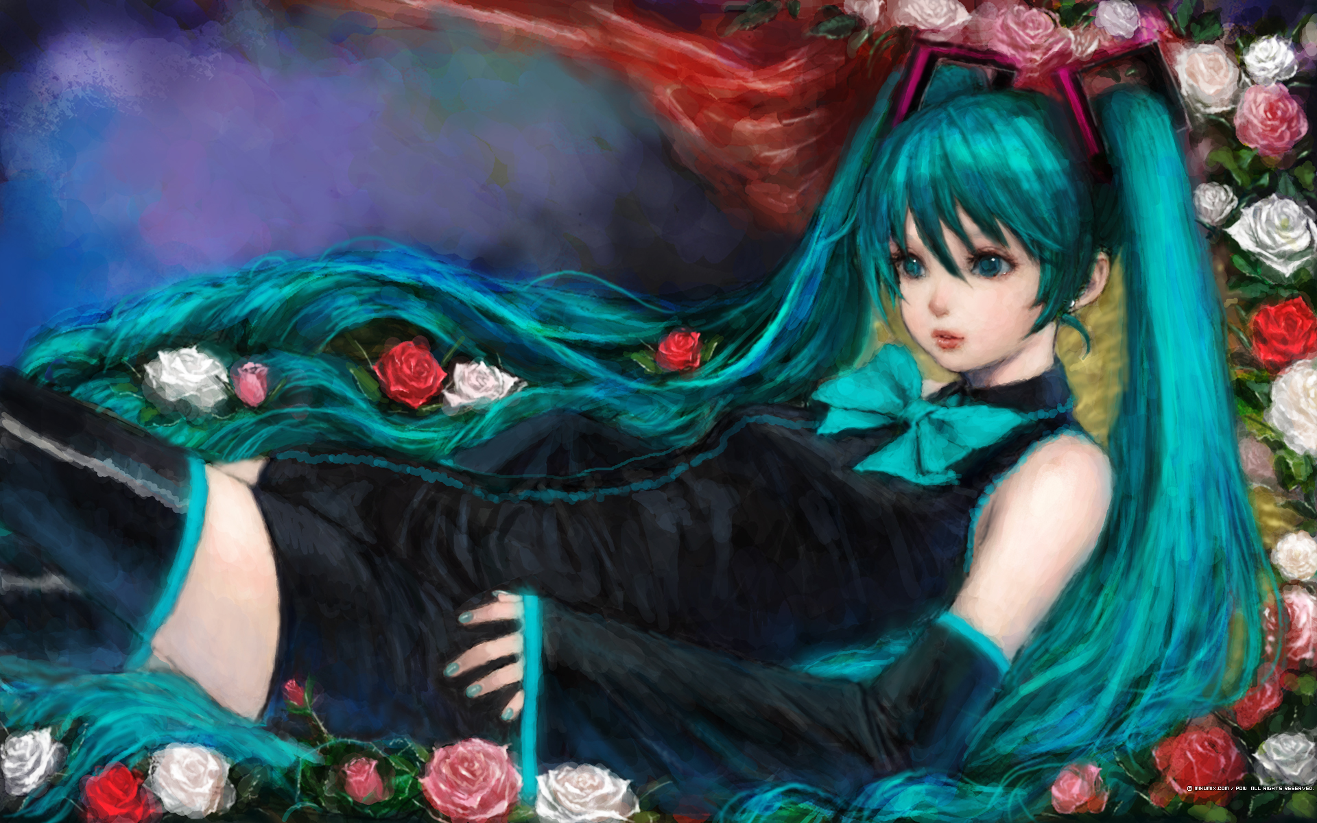 ponsuke (pon00000), hatsune miku, mikumix, vocaloid, highres, 1girl, aqua eyes, aqua hair, boots, female focus, flower, long hair, lying, on back, rose, smile, solo, thigh boots, thighhighs, twintails, very long hair, white flower, white rose, zettai ryouiki