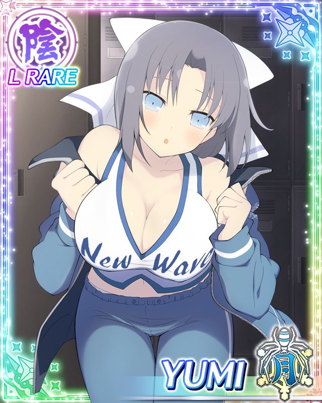 yumi (senran kagura), senran kagura, senran kagura new wave, game cg, official art, third-party source, 1girl, :o, blue coat, blue eyes, blue pants, border, bow, breasts, card (medium), character name, cleavage, coat, grey hair, hair bow, large breasts, leaning forward, light blush, locker, locker room, medium hair, navel, open clothes, open coat, panties, pants, panty peek, solo, striped bow, tank top, thigh gap, underwear, undressing, white bow, white tank top