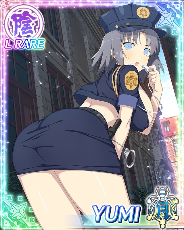 yumi (senran kagura), senran kagura, senran kagura new wave, game cg, official art, third-party source, 1girl, :o, baton (weapon), blue eyes, blue shirt, blue skirt, border, breasts, card (medium), character name, cropped shirt, cuffs, day, from behind, grey hair, hand on own thigh, handcuffs, hat, holding, holding whistle, large breasts, leaning forward, looking at viewer, looking back, medium hair, midriff, outdoors, pencil skirt, police, police hat, police uniform, policewoman, shirt, skirt, solo, weapon, whistle