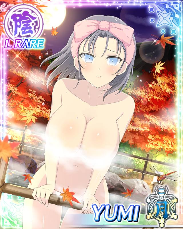 yumi (senran kagura), senran kagura, senran kagura new wave, game cg, official art, third-party source, 1girl, against railing, alternate hairstyle, autumn, autumn leaves, blue eyes, border, breasts, bug, card (medium), character name, cleavage, closed mouth, convenient censoring, dragonfly, frown, full moon, grey hair, insect, large breasts, leaf, leaning forward, light blush, looking at viewer, medium hair, moon, navel, night, onsen, railing, solo, steam, steam censor, towel, towel bow, towel on head, water, wet