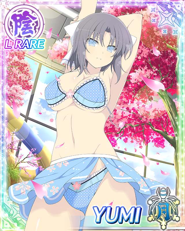 yumi (senran kagura), senran kagura, senran kagura new wave, game cg, official art, third-party source, 1girl, arm behind head, arm up, armpit crease, armpits, arms up, bikini, blue bikini, blue eyes, blue skirt, border, bow, breasts, card (medium), character name, closed mouth, day, falling petals, gluteal fold, grey hair, groin, hair bow, hand on own arm, large breasts, light frown, looking at viewer, medium hair, navel, official alternate costume, petals, pink petals, polka dot, polka dot bikini, skindentation, skirt, solo, stretching, striped bow, swimsuit, swimsuit skirt, tree, white bow