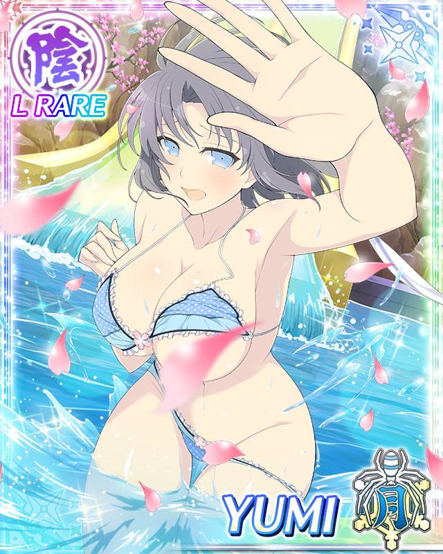 yumi (senran kagura), senran kagura, senran kagura new wave, game cg, official art, third-party source, 1girl, :o, arm up, arms up, bikini, blocking, blue bikini, blue eyes, blue skirt, blush, border, bow, breasts, card (medium), character name, cherry blossoms, cleavage, convenient censoring, day, embarrassed, falling petals, grey hair, groin, hair bow, large breasts, leaning forward, medium hair, navel, official alternate costume, petals, pink petals, polka dot, polka dot bikini, skindentation, skirt, solo, splashing, striped bow, swimsuit, swimsuit skirt, thigh gap, wading, wardrobe malfunction, water, water slide