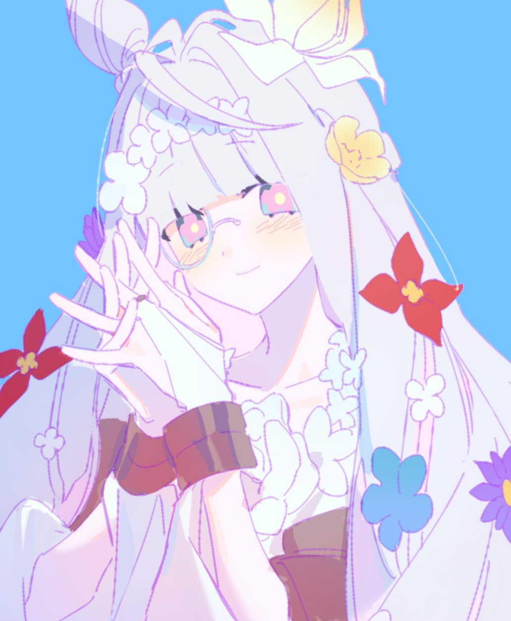 344 900, fate/grand order, fate (series), commentary request, highres, korean commentary, 1girl, blue flower, blush, collarbone, cone hair bun, dress, flora (fate), flower, green eyes, hair bun, long hair, looking at viewer, purple flower, red flower, smile, solo, white dress, white hair, yellow flower