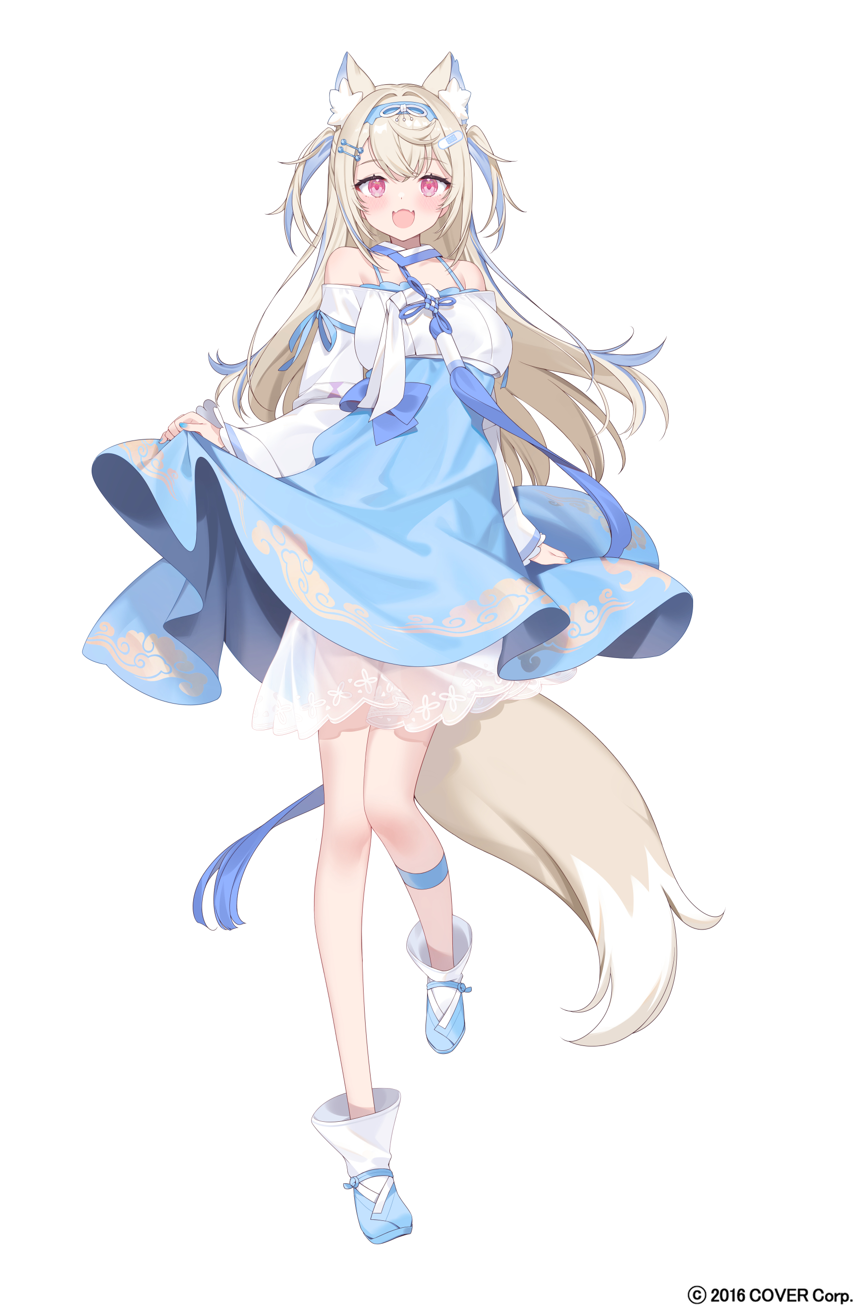 sankyaku tako, fuwawa abyssgard, hololive, hololive english, absurdres, commentary request, highres, official art, 1girl, :d, animal ears, bandaid, bandaid hair ornament, bare shoulders, blonde hair, blue hairband, blue hanbok, blue shoes, blue skirt, blue streaks, chima (clothes), copyright name, crossed bangs, dog ears, dog girl, dog tail, double-parted bangs, fangs, full body, hair between eyes, hair ornament, hairband, hairclip, hanbok, korean clothes, long hair, long sleeves, looking at viewer, multicolored hair, off-shoulder shirt, off shoulder, open mouth, parallel hairclips, pink eyes, shirt, shoes, simple background, skin fangs, skirt, skirt hold, smile, solo, streaked hair, tail, two side up, virtual youtuber, white background, white hanbok, white shirt