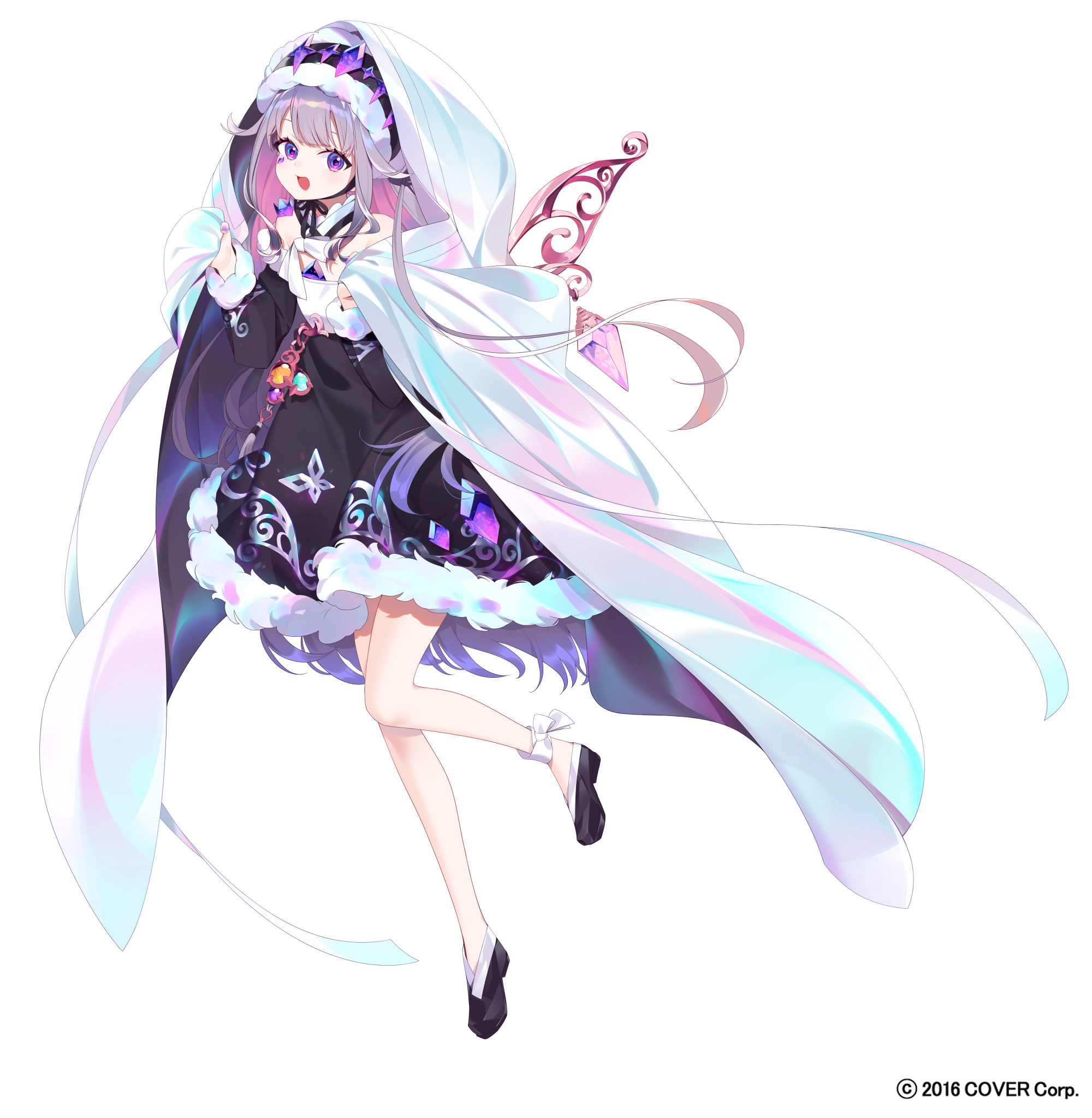 sankyaku tako, koseki bijou, hololive, hololive english, commentary request, highres, official art, 1girl, :d, black hairband, black hanbok, black shoes, black skirt, center-flap bangs, chest jewel, cloak, colored inner hair, copyright notice, detached sleeves, detached wings, double-parted bangs, full body, fur-trimmed hairband, fur-trimmed skirt, fur-trimmed sleeves, fur trim, gem, gradient hair, grey hair, hair flaps, hairband, hanbok, holding, jewel under eye, korean clothes, long hair, long sidelocks, long sleeves, looking at viewer, metal wings, multicolored hair, open mouth, pink hair, purple eyes, purple gem, purple hair, shirt, shoes, sidelocks, simple background, skirt, smile, solo, very long hair, virtual youtuber, white background, white cloak, white shirt, wings
