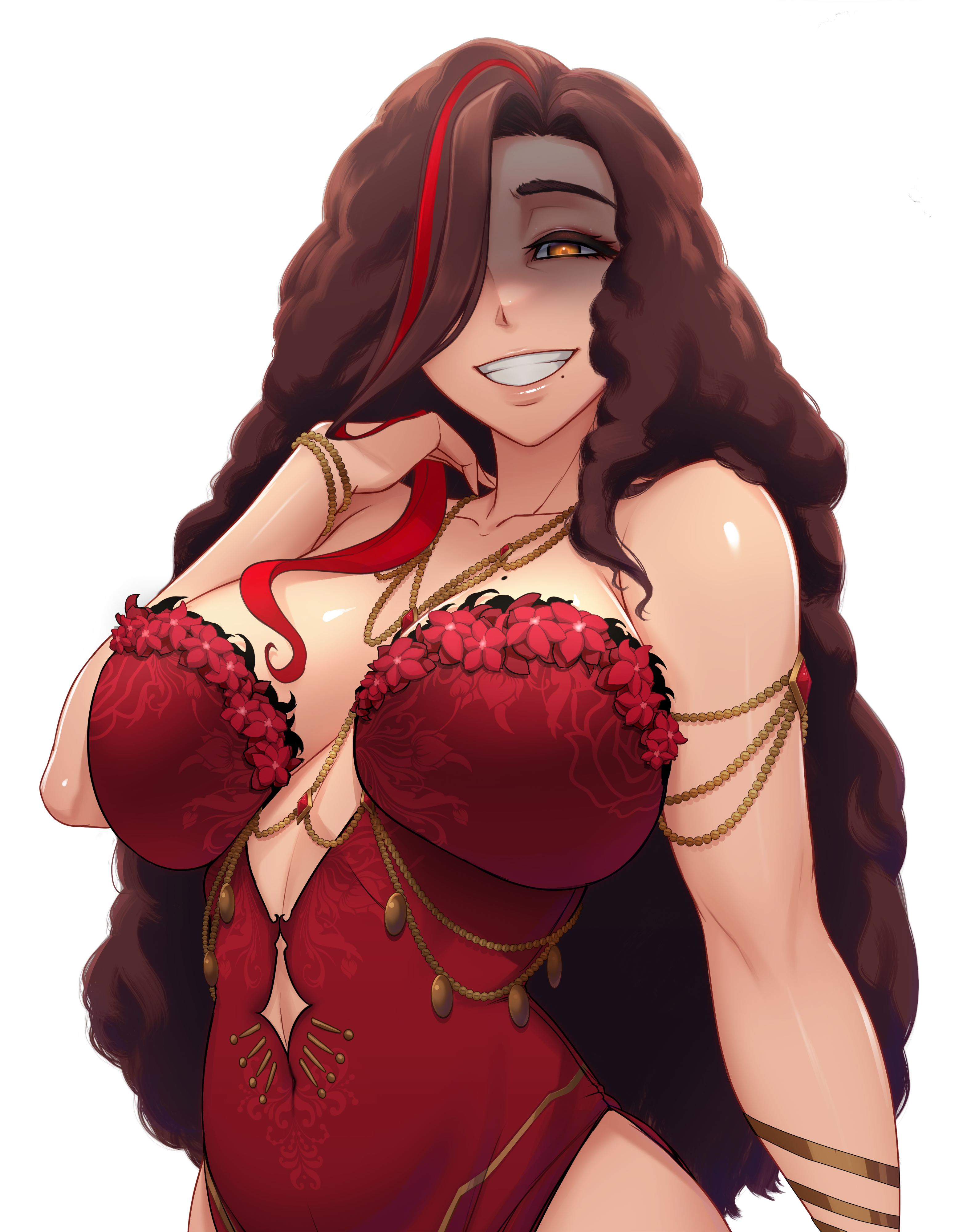 myth1carts, mamaguni, nijisanji, nijisanji en, absurdres, highres, 1girl, bracelet, breasts, brown eyes, brown hair, collarbone, dress, eyes in shadow, flower, flower-trimmed dress, hair over one eye, jewelry, linea alba, long hair, mole, mole on breast, mole under mouth, multicolored hair, necklace, red dress, red flower, red hair, smile, solo, streaked hair, transparent background