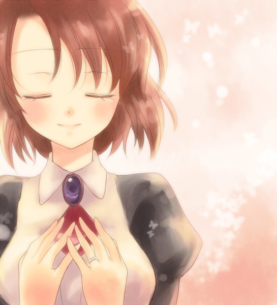 maekawa suu, shannon (umineko), umineko no naku koro ni, beige background, 1girl, blush, brooch, brown hair, female focus, gem, jewelry, juliet sleeves, long sleeves, maid, puffy long sleeves, puffy sleeves, short hair, simple background, solo