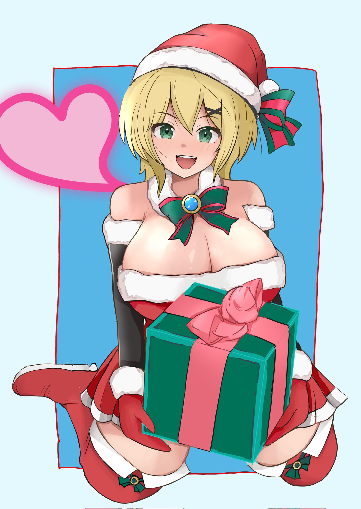 akatsuki kirika, senki zesshou symphogear, commentary request, highres, 1girl, bare shoulders, blonde hair, blush, boots, bow, box, breasts, christmas present, cleavage, full body, gift, gift box, green bow, green eyes, hair ornament, hat, heart, holding, holding box, holding gift, kneeling, large breasts, looking at viewer, mede0905, medium hair, open mouth, red boots, red hat, santa costume, santa hat, smile, solo, teeth, upper teeth only