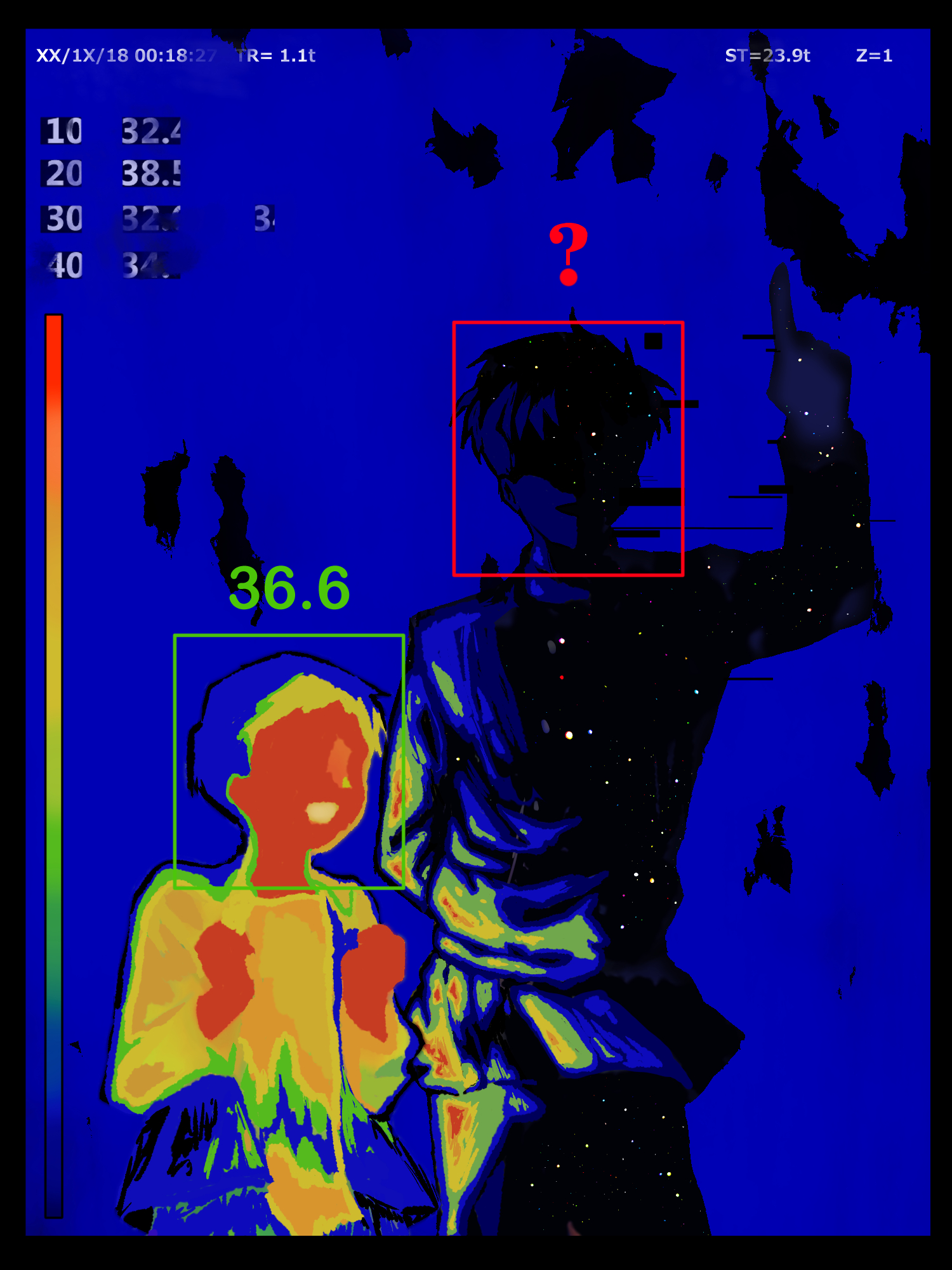 rafal (chi.), chi.: chikyuu no undou ni tsuite, commentary, highres, symbol-only commentary, 2boys, ?, albert brudzewski (chi.), belt, black border, blue background, border, clenched hands, faceless, multiple boys, numbers above head, outside border, pointing, pointing up, shaded face, smile, star (sky), thermogram, wa san82