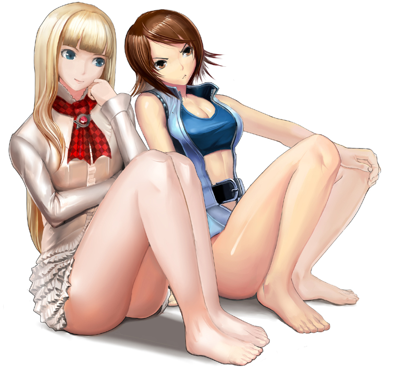 shijima (tanfn), emilie de rochefort, kazama asuka, namco, tekken, bad id, bad pixiv id, 2girls, ass, bare legs, barefoot, belt, blonde hair, blue eyes, breasts, brown eyes, brown hair, cleavage, dress, feet, frills, hand on own knee, legs, long hair, medium breasts, multiple girls, no socks, short hair, sitting, skirt, small breasts, smile, thighs, upskirt