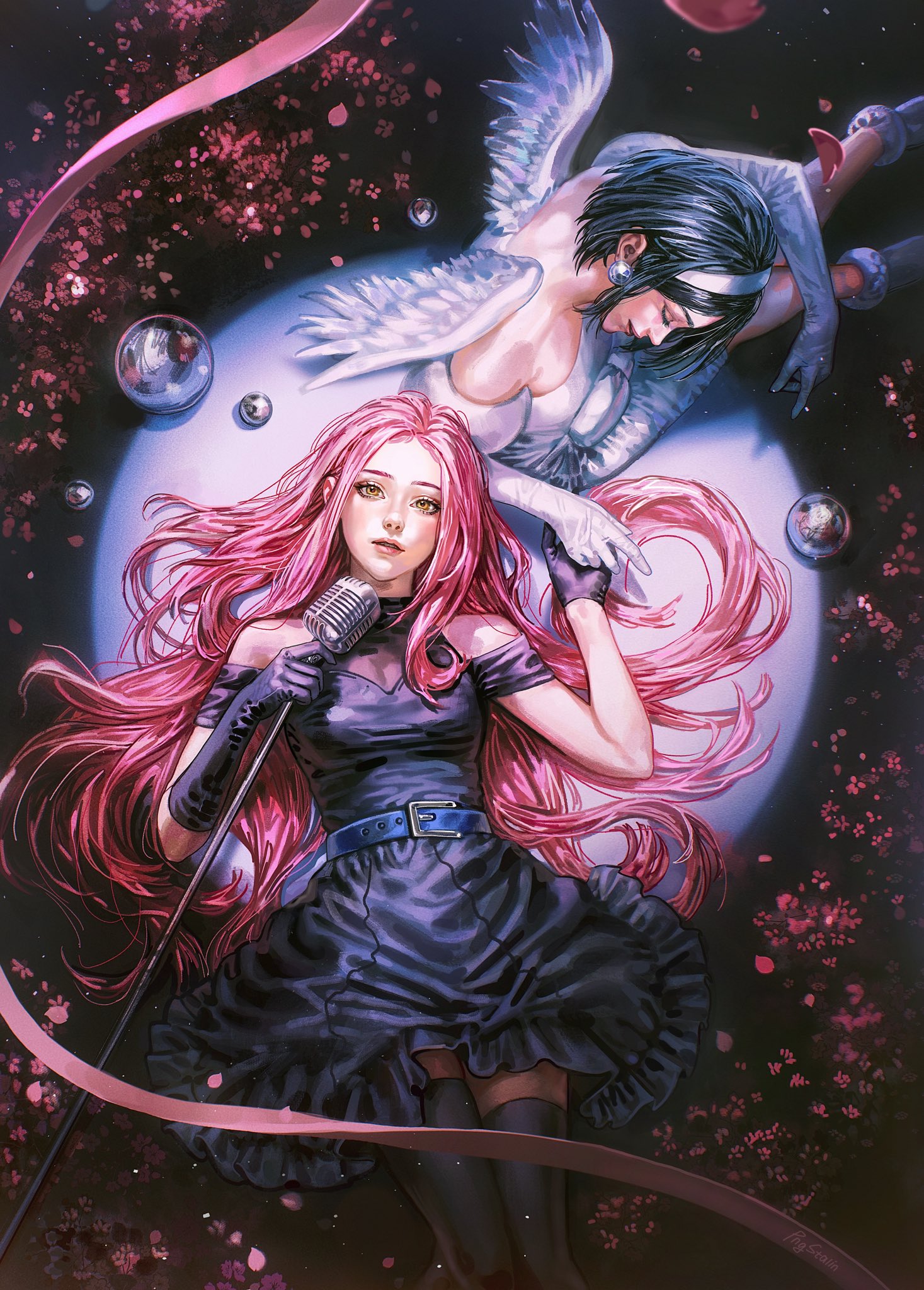 mizi (alien stage), sua (alien stage), alien stage, commentary, english commentary, highres, 2girls, asymmetrical gloves, black dress, black gloves, black thighhighs, bubble, clothing cutout, dress, gloves, holding, holding microphone, long hair, microphone, multiple girls, parted lips, pink hair, pink ribbon, png stalin, ribbon, short sleeves, shoulder cutout, spotlight, thighhighs, uneven gloves, very long hair, vintage microphone, yellow eyes