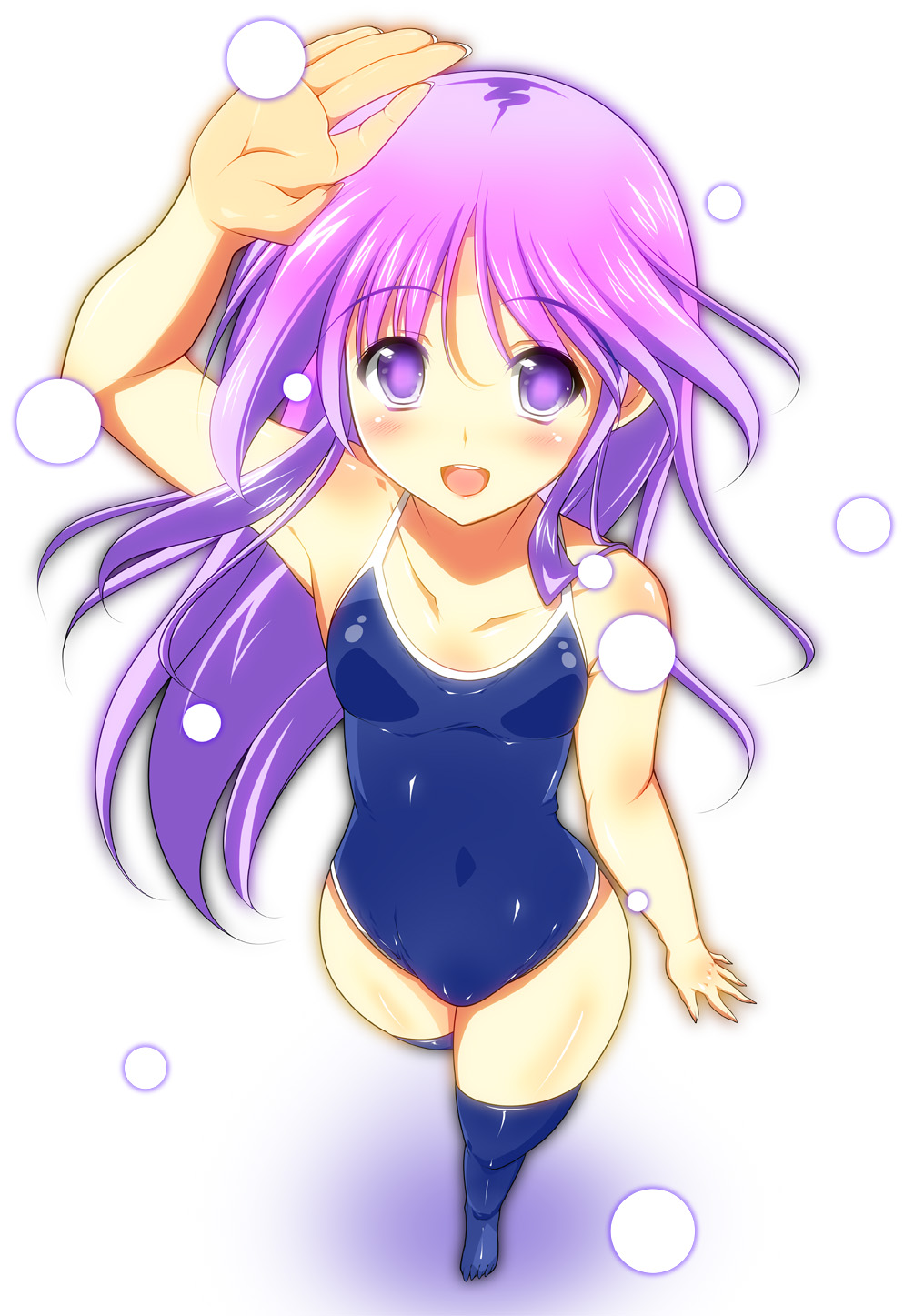 taigi akira, watarase jun, happiness!, highres, 00s, 1boy, blush, bulge, competition school swimsuit, crossdressing, crossdressing (mtf), from above, long hair, male focus, one-piece swimsuit, perspective, purple eyes, purple hair, school swimsuit, solo, swimsuit, thighhighs, trap
