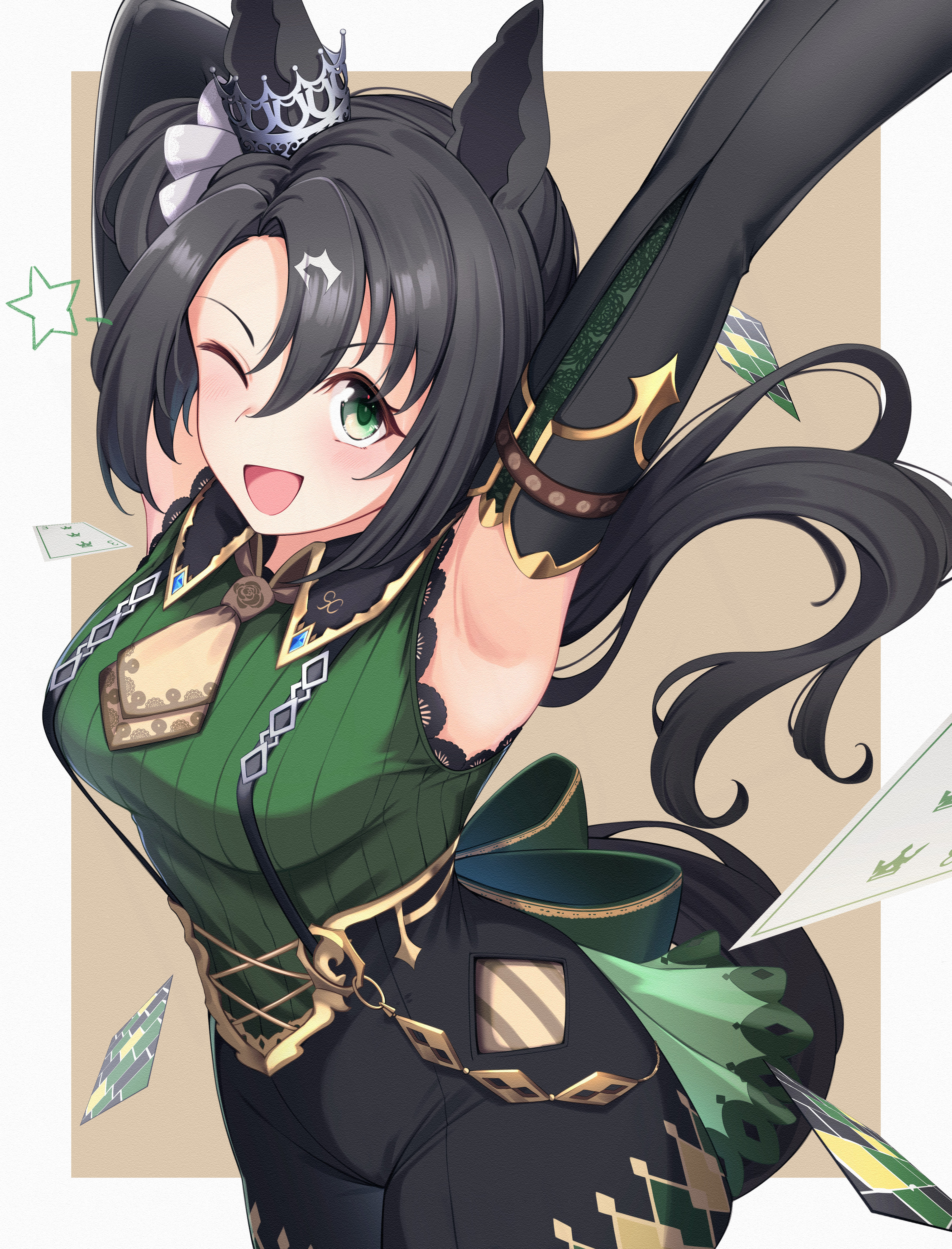 kirino mist, satono crown (emerald journey) (umamusume), satono crown (umamusume), umamusume, absurdres, commentary request, highres, 1girl, animal ears, armpits, arms up, black gloves, black hair, black shorts, black suspenders, blush, breasts, card, crown ornament, ear ornament, ear through crown, ears through headwear, elbow gloves, gloves, green eyes, green sweater, hair between eyes, horse ears, horse girl, horse tail, large breasts, long hair, looking at viewer, multicolored hair, necktie, one eye closed, open mouth, ribbed sweater, shorts, side ponytail, sleeveless, sleeveless sweater, smile, solo, star (symbol), streaked hair, suspender shorts, suspenders, sweater, tail, white hair, yellow necktie