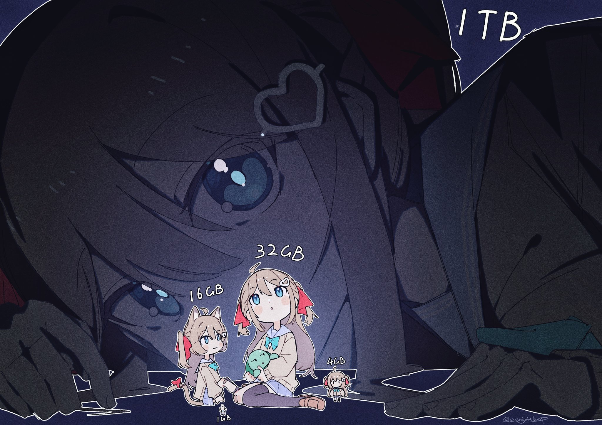 eenightlamp, neuro-sama, vedal987, vedal ai, commentary, english commentary, highres, :3, ahoge, animal, animal ears, aqua bow, aqua bowtie, asymmetrical legwear, bandaid, bandaid on knee, bandaid on leg, blue background, blue eyes, blue light, blue sailor collar, blue skirt, blush stickers, bow, bowtie, brown hair, brown shoes, cardigan, cat ears, cat girl, cat tail, chibi, closed mouth, covered mouth, double-parted bangs, film grain, hair between eyes, hair ornament, hair ribbon, heart, heart hair ornament, holding, holding animal, jitome, knees up, loafers, long hair, long sleeves, looking at viewer, looking up, lying, mini person, miniskirt, on side, outline, pleated skirt, red ribbon, ribbon, sailor collar, school uniform, serafuku, shoes, sitting, size comparison, size difference, skirt, tail, tail bow, tail ornament, time paradox, turtle, twitter username, two side up, uneven legwear, very long hair, virtual youtuber, wariza, white outline, yellow cardigan