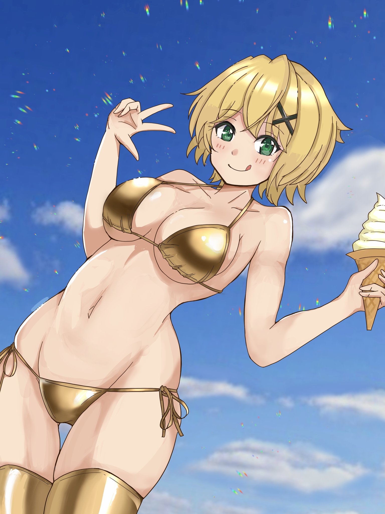 akatsuki kirika, senki zesshou symphogear, commentary request, highres, 1girl, :q, bikini, blonde hair, blue sky, blush, breasts, cloud, collarbone, day, eyelashes, food, gold bikini, gold thighhighs, green eyes, hair ornament, holding, holding food, holding ice cream, holding ice cream cone, ice cream, ice cream cone, mede0905, navel, short hair, side-tie bikini bottom, sky, smile, solo, stomach, swimsuit, tongue, tongue out, w