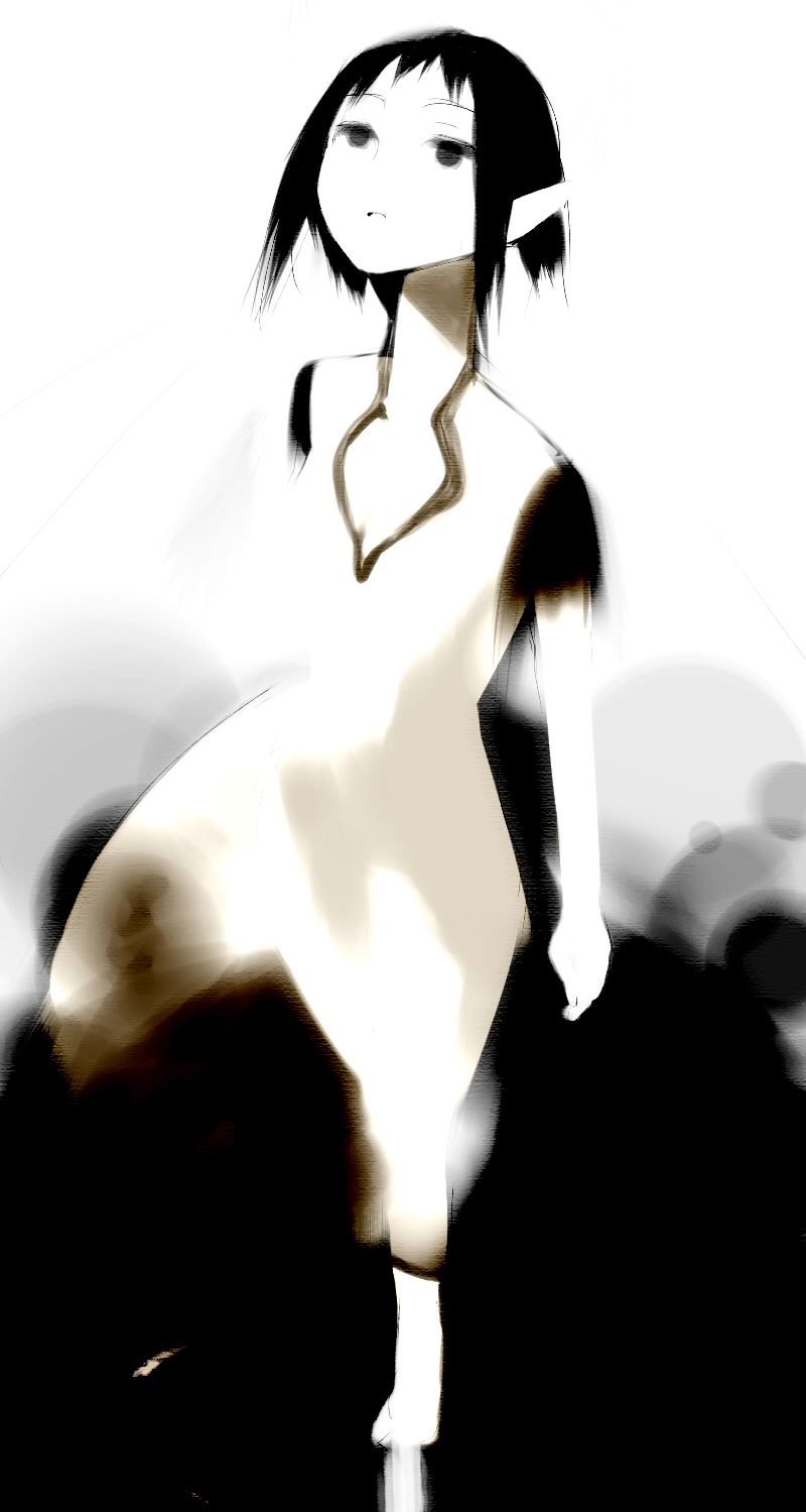 sorethroat, yorda, ico, highres, 1girl, barefoot, black eyes, black hair, dress, feet, female focus, greyscale, looking up, monochrome, pointy ears, short hair, skirt, solo, white background