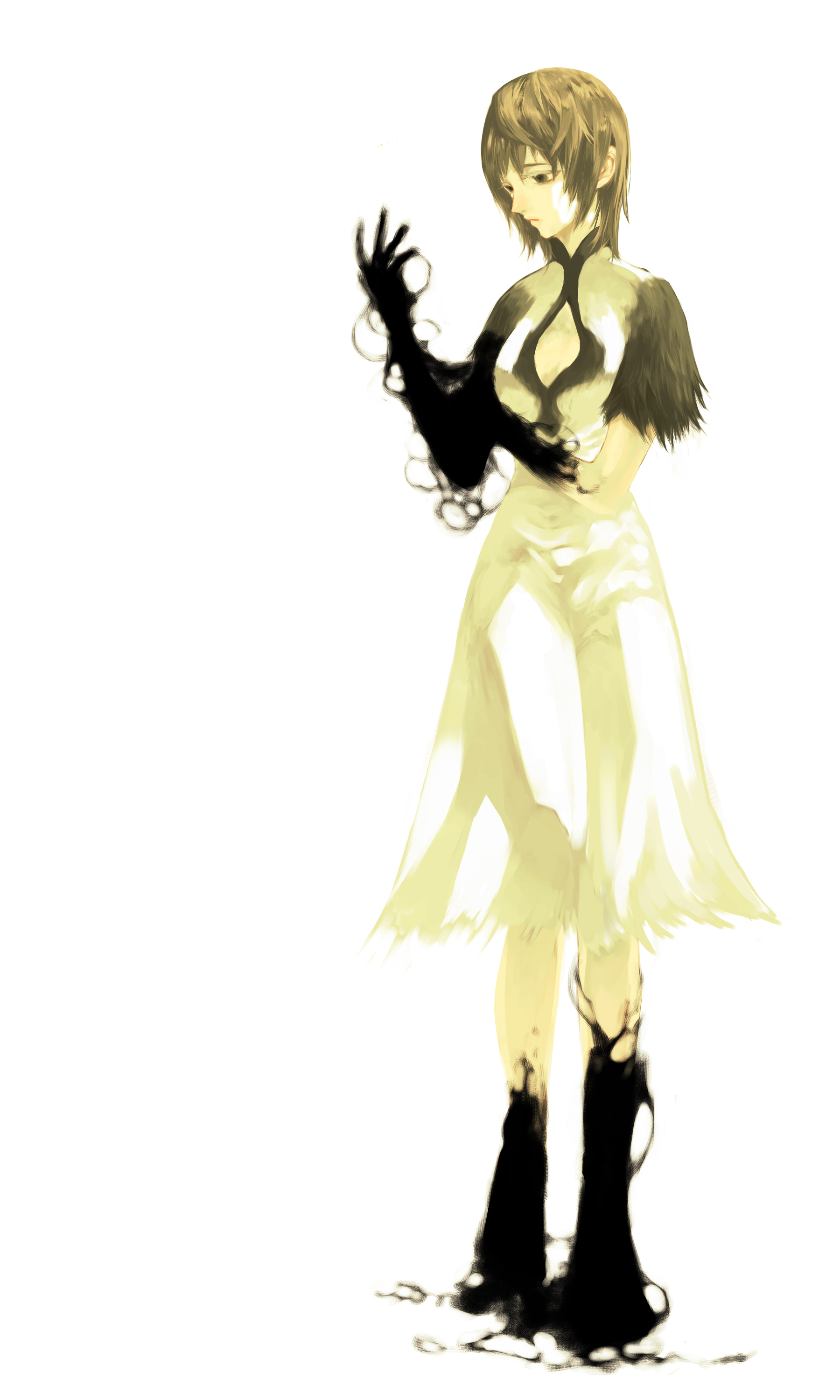 vino (la vega), vino (pixiv), yorda, ico, absurdres, bad id, bad pixiv id, highres, 1girl, brown eyes, brown hair, cleavage cutout, clothing cutout, corruption, dress, female focus, short hair, skirt, solo