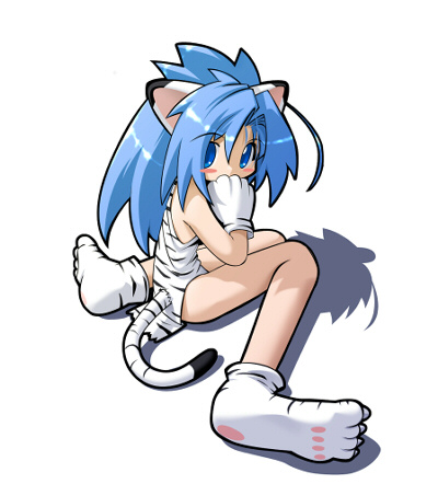 kitsupon, cham cham, samurai spirits, snk, bad id, commentary request, lowres, 1girl, alternate color, animal ears, animal hands, animal print, bare legs, bare shoulders, black outline, blue eyes, blue hair, blush stickers, claws, covered mouth, covering own mouth, cowlick, curtained hair, dress, gloves, hand over own mouth, legs together, long feet, official alternate color, outline, parted bangs, paw gloves, paw shoes, pawpads, pelvic curtain, seiza, shoes, simple background, sitting, solo, spiked hair, striped clothes, striped dress, striped gloves, striped shoes, striped tail, tail, thick outlines, tiger ears, tiger print, turning head, white background, white dress, white gloves, white shoes, white tail, white tiger print