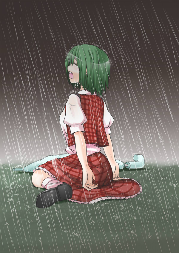 hane (hanegoya), kazami yuuka, touhou, 1girl, closed eyes, closed umbrella, crying, female focus, from behind, green hair, plaid clothes, plaid skirt, plaid vest, puffy sleeves, rain, short hair, short sleeves, sitting, skirt, skirt set, sobbing, solo, tears, umbrella, vest, wariza