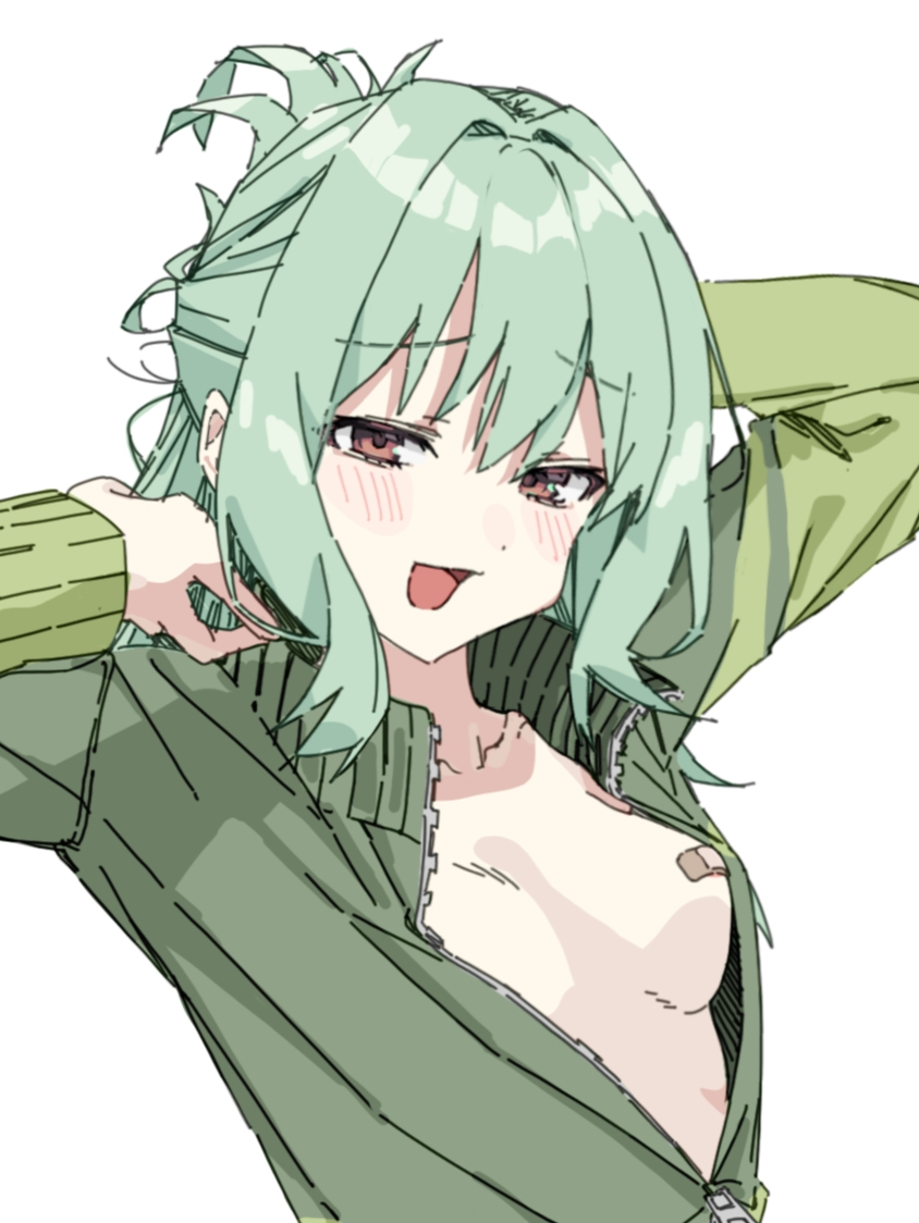 hinalover, otori tan, seitokai ni mo ana wa aru!, commentary request, cropped, variant set, 1boy, :d, arm behind head, arms up, bandaid, bandaids on nipples, blush, breasts, brown eyes, collarbone, folded ponytail, furrowed brow, green hair, green jacket, grey background, hair between eyes, jacket, long sleeves, looking at viewer, male focus, male with breasts, medium breasts, medium hair, narrowed eyes, open mouth, osugaki, partially open jacket, pasties, sidelocks, simple background, smile, solo, trap, upper body, zipper