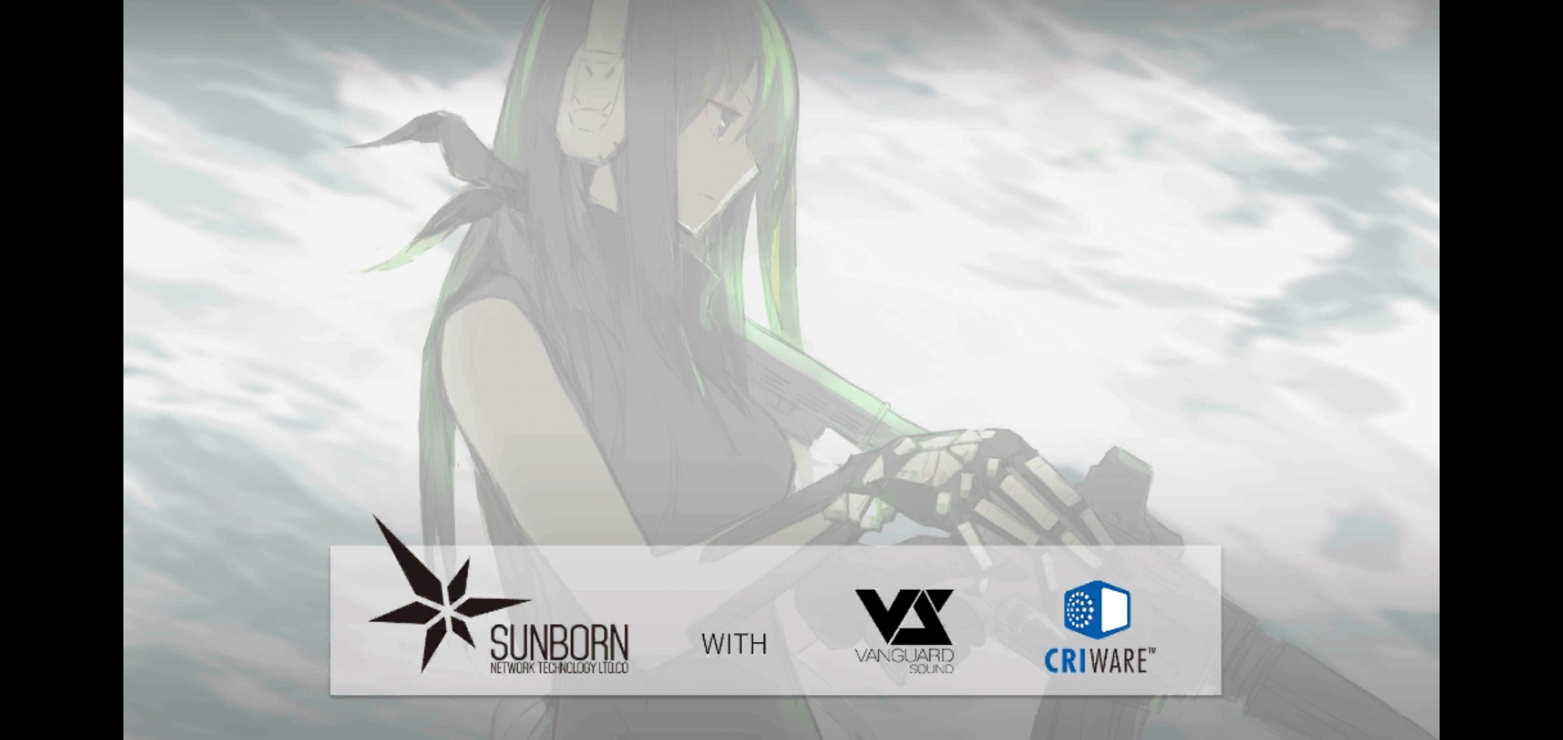 m4a1 (girls' frontline), girls' frontline, artist request, highres, non-web source, official art, 1girl, assault rifle, bandana, bandana around neck, bare shoulders, breasts, brown eyes, brown hair, copyright name, copyright notice, eotech, feet out of frame, gloves, green hair, gun, headphones, holding, holding gun, holding weapon, leotard, m4 carbine, multicolored hair, rifle, shirt, sleeveless, sleeveless shirt, solo, streaked hair, weapon