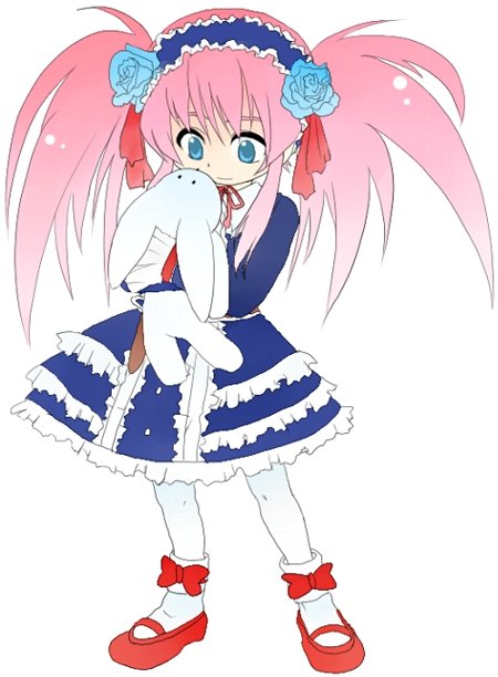 hiyamizu, presea combatir, tales of (series), tales of symphonia, bad id, bad pixiv id, 00s, 1girl, blue eyes, blue flower, blue rose, dress, female focus, flower, frills, gloves, gothic lolita, hair flower, hair ornament, hair ribbon, hairband, lolita fashion, long hair, official alternate costume, pantyhose, pink hair, ribbon, rose, smile, solo, stuffed animal, stuffed rabbit, stuffed toy, twintails, white background, white pantyhose