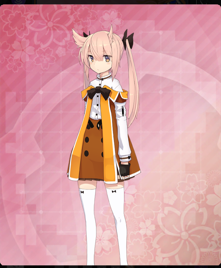 mashiko kaoru, toji no miko, toji no miko: kizamishi issen no tomoshibi, game cg, official art, third-party source, variant set, 1girl, black bow, black bowtie, black gloves, blush stickers, bow, bow legwear, bowtie, brown dress, brown eyes, brown skirt, buttons, closed mouth, dot nose, double-parted bangs, dress, feet out of frame, fingerless gloves, floral background, gloves, hair bow, hair horns, long hair, long sleeves, looking at viewer, off-shoulder dress, off shoulder, osafune girls academy school uniform, pink background, pink hair, school uniform, shirt, skirt, solo, thighhighs, twintails, white shirt, white thighhighs, zettai ryouiki