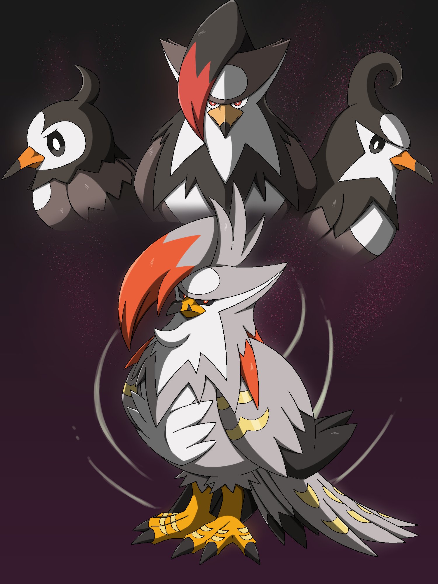 inahon485, mega staraptor, staraptor, staravia, starly, nintendo, pokemon, commentary, highres, symbol-only commentary, animal focus, beak, bird, black eyes, black feathers, black sclera, bright pupils, closed mouth, colored sclera, evolutionary line, feathers, gen 4 pokemon, grey feathers, long bangs, mega pokemon, no humans, orange streaks, pokemon (creature), pokemon focus, red eyes, talons, v-shaped eyes, white pupils, yellow trim