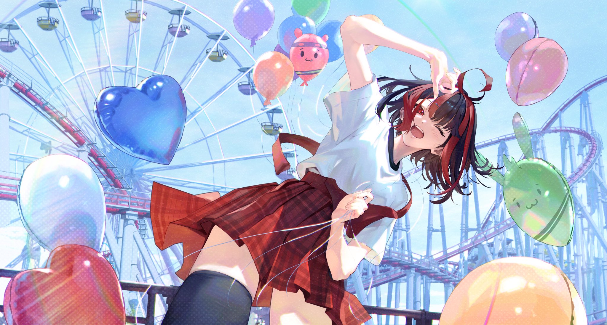 maxine eclair, gx aura, opera gx, commentary, english commentary, highres, 1girl, ahoge, balloon, black hair, black thighhighs, blue sky, heart balloon, multicolored hair, one eye closed, open mouth, plaid clothes, plaid skirt, red eyes, red hair, red skirt, roller coaster, shirt, skirt, sky, solo, streaked hair, teeth, thighhighs, upper teeth only, virtual youtuber, white shirt