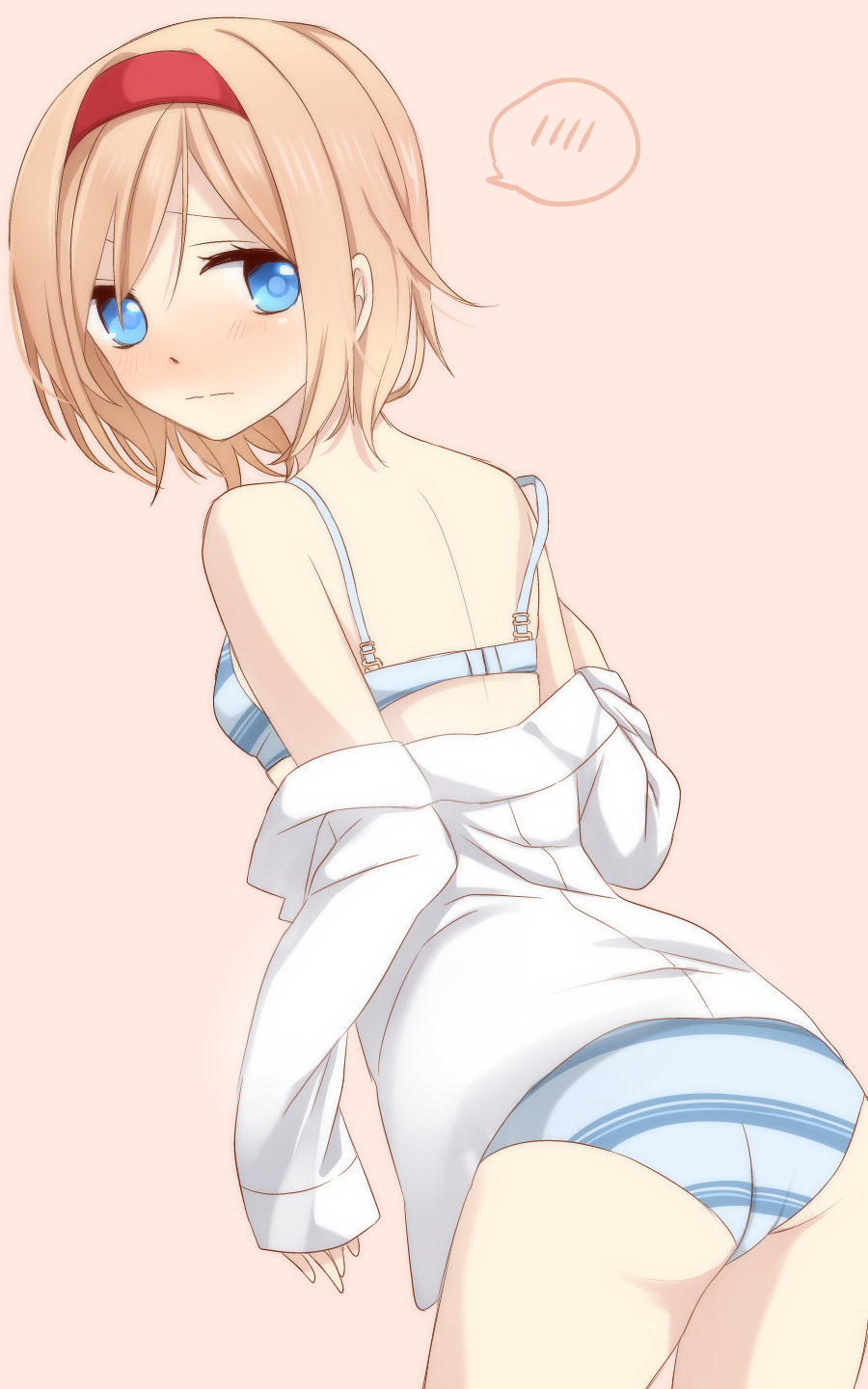 tsuno no hito, alice margatroid, touhou, commentary request, highres, 1girl, alternate costume, ass, blonde hair, blue bra, blue eyes, blue panties, blush, bra, closed mouth, embarrassed, hairband, long sleeves, looking at viewer, looking back, medium hair, open clothes, open shirt, panties, pink background, red hairband, shirt, simple background, solo, spoken blush, striped clothes, striped panties, underwear, undressing, white shirt